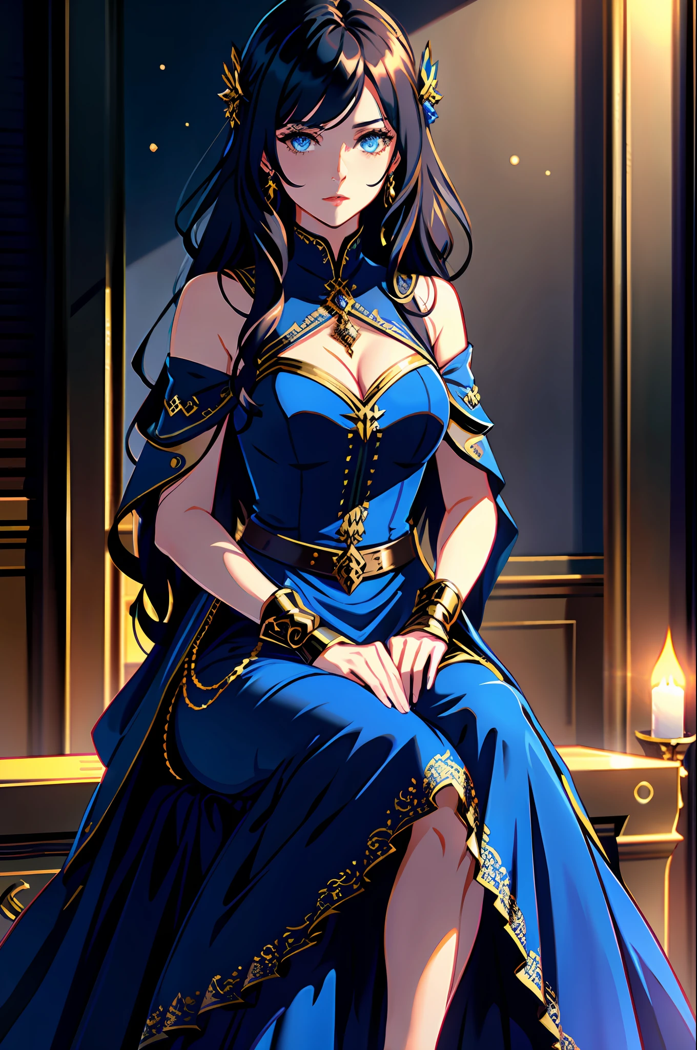 "((Masterpiece)), steampunk metal style, best quality, super detailed, CG Unity 8k wallpaper, central figure is a ((young woman)), ((only)), long black wavy hair, blue eyes, wearing (((blue long dress)), hands hidden under the sleeves of the dress, legs hidden under the skirt of the dress, sitting on a throne, facing the audience, in (dark background)), detailed and delicate drawing".