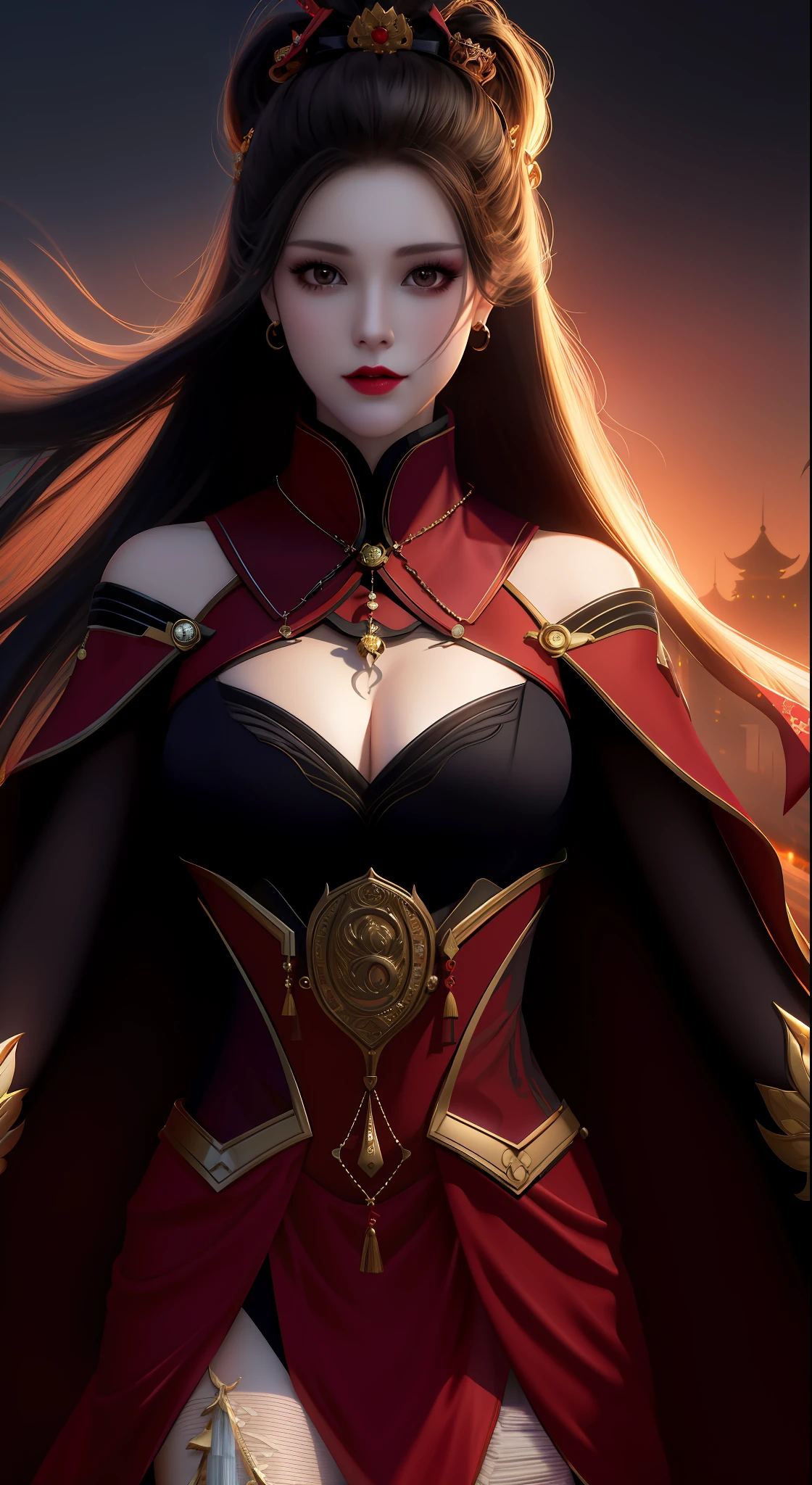best quality, masterpiece, highres, 1girl, hanfu, chinese underwear, hair ornaments, necklace, jewelry, pretty face, upper body, magic import style, tyndall effect, photorealistic, dark studio, border light, two tone light, (high granularity skin: 1.2), 8k uhd, dslr, soft light, high quality, volumetric light, candid, Photo, high resolution, 4k, 8k, Bokeh, (light pink lips), 1 beautiful female demon from hell, In the Dark: 1.6), surreal female portrait by David Hockney and Alphonse Mucha, fantasy art , photorealism, dynamic lighting, art station, poster, volumetric lighting, highly detailed face, super 8k, awarded, in the dark, deep darkness, low light, cowboy lens , (Red phoenix dress: 1.4) , long hair, black hair, bust, luxurious palace, Royal style, demon crown, red eyes with very sharp and detailed makeup, Best face , Very big and round and round bust, Surreal, chinese women's clothing, turtleneck sweater polo shirt, Charming smile, Beautiful eyes make up, guweiz, devil style, black mesh stockings , Ponytail with a bow in the back, Dark red lips, Devil tattoo on shoulder, wearing a thin red and black shirt, cape, overcast and thundering landscape, (Portrait), Close-up main character, (Background details 1.8),