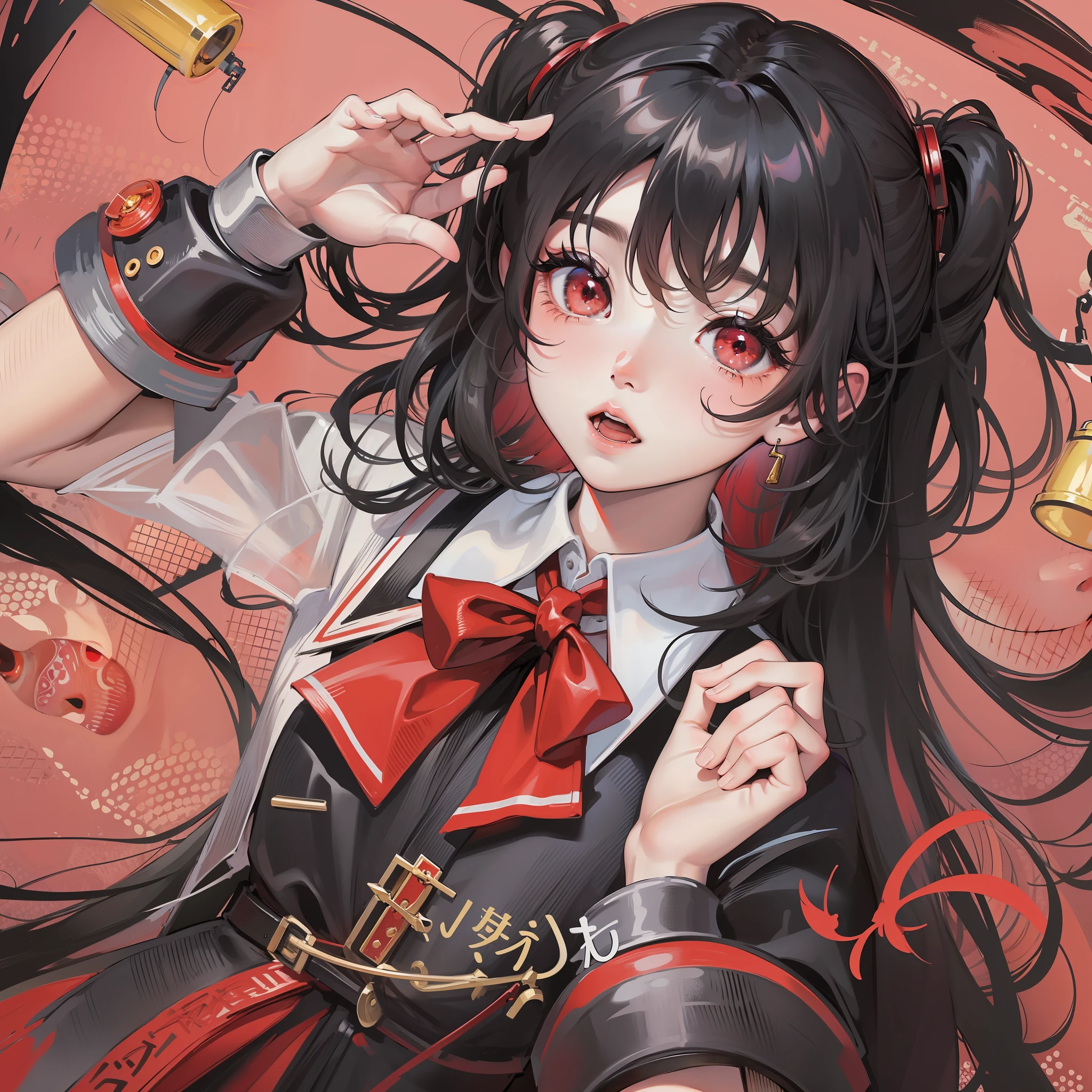 1Lolita, young, immature, young, cute, long curly hair, black hair, face focused, light red eyes, girl,