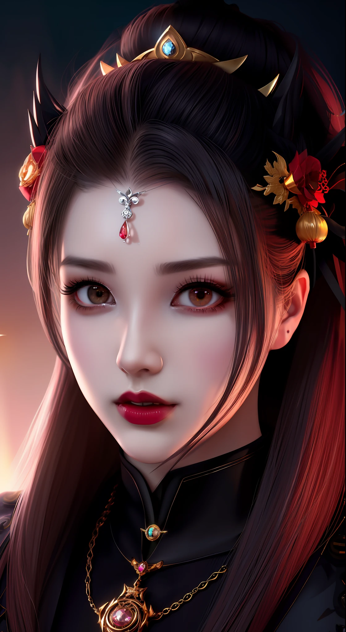 best quality, masterpiece, highres, 1girl, hanfu, chinese underwear, hair ornaments, necklace, jewelry, pretty face, upper body, magic import style, tyndall effect, photorealistic, dark studio, border light, two tone light, (high granularity skin: 1.2), 8k uhd, dslr, soft light, high quality, volumetric light, candid, Photo, high resolution, 4k, 8k, Bokeh, (light pink lips), 1 beautiful female demon from hell, In the Dark: 1.6), surreal female portrait by David Hockney and Alphonse Mucha, fantasy art , photorealism, dynamic lighting, art station, poster, volumetric lighting, highly detailed face, super 8k, awarded, in the dark, deep darkness, low light, cowboy lens , (Red phoenix dress: 1.4) , long hair, black hair, bust, luxurious palace, Royal style, demon crown, red eyes with very sharp and detailed makeup, Best face , Very big and round and round bust, Surreal, chinese women's clothing, turtleneck sweater polo shirt, Charming smile, Beautiful eyes make up, guweiz, devil style, black mesh stockings , Ponytail with a bow in the back, Dark red lips, Devil tattoo on shoulder, wearing a thin red and black shirt, cape, overcast and thundering landscape, (Portrait), Close-up main character, (Background details 1.8),