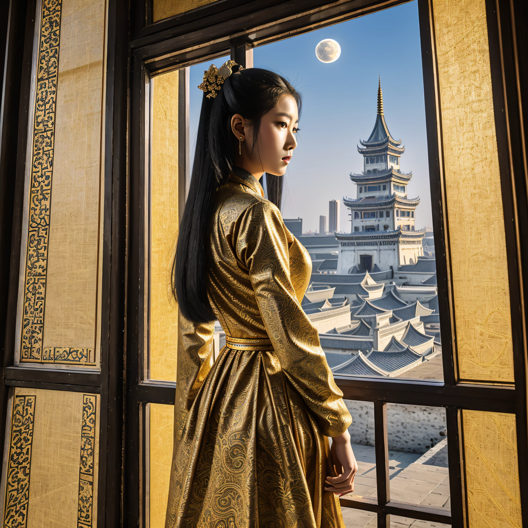 An 18-year-old beautiful woman stood inside the Yue King Tower, looking out the window, female black hair, tied hair, with delicate hair, wearing a dark blue dress of the Jin Dynasty, a huge white tiger behind her, dark night, golden moon, brightly lit ancient city --auto --s2