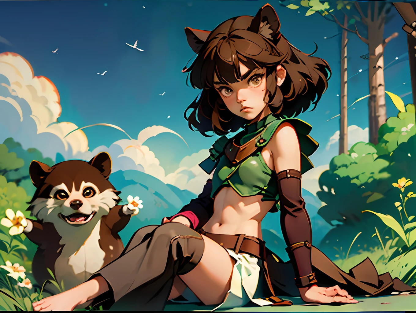 1girl, six years old, light brown skin, short dark brown fuzzy hair, tanuki ears, tanuki tail, wearing a leather breastplate, anim style, manga art, ghibli studio, full body, show feet, serious expression --auto --s2
