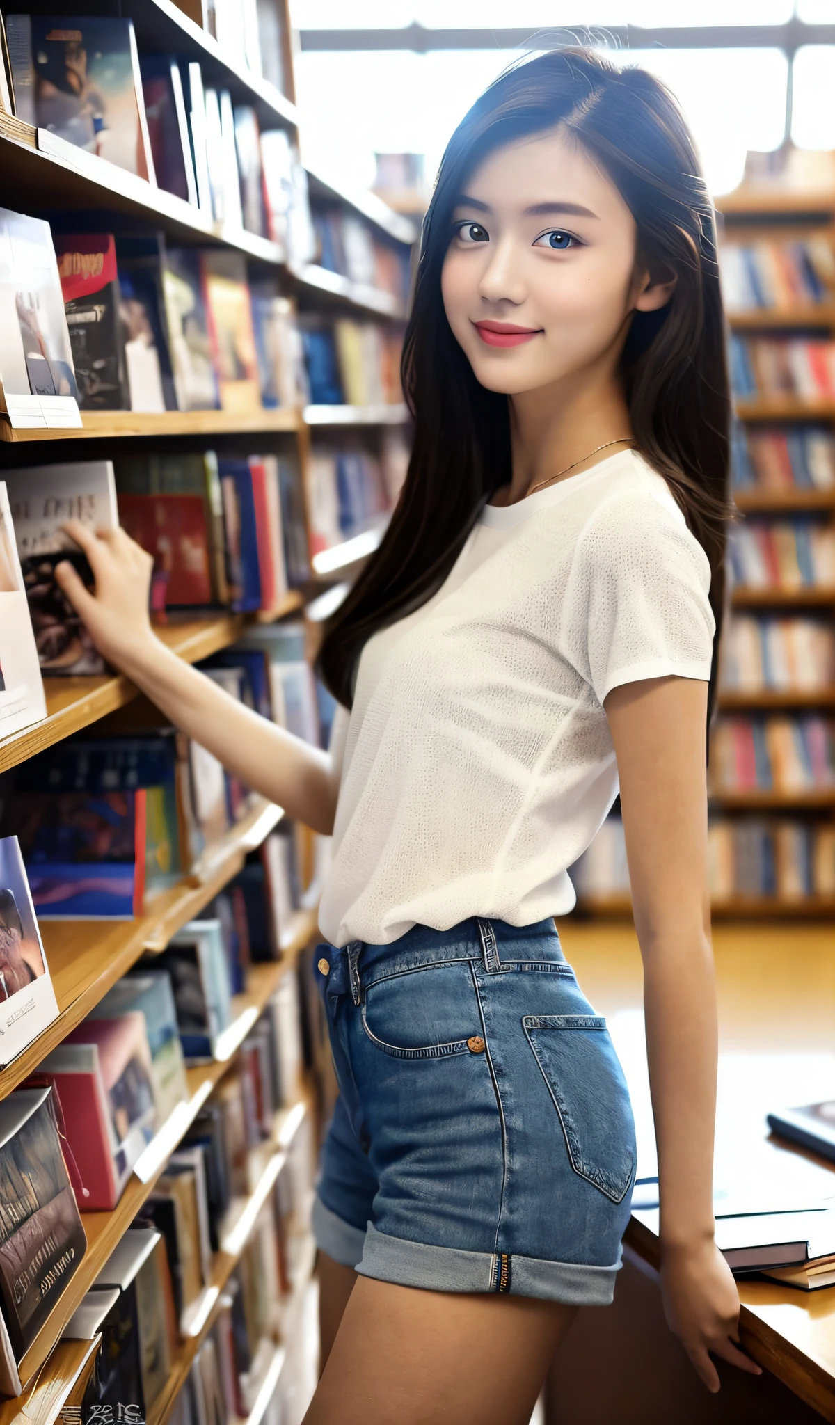 (Masterpiece: 1.2), (Ultra Detail: 1.0), 20 Year Old Girl, Tareme, Slim, Room, Looking at the Audience, No Makeup, Blurred Background, Bookstore, Student: 1.0