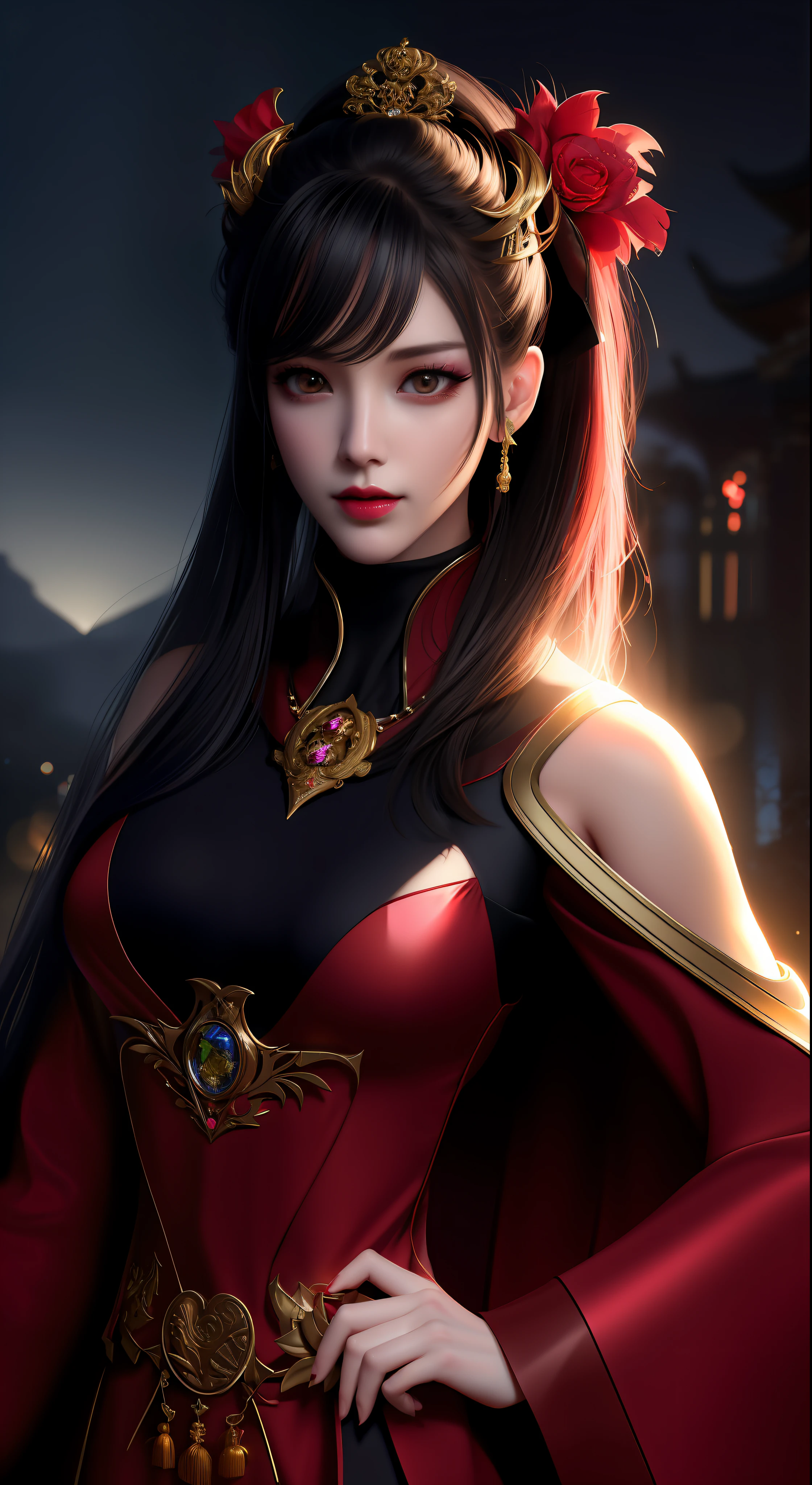 best quality, masterpiece, highres, 1girl, hanfu, chinese underwear, hair ornaments, necklace, jewelry, pretty face, upper body, magic import style, tyndall effect, photorealistic, dark studio, border light, two tone light, (high granularity skin: 1.2), 8k uhd, dslr, soft light, high quality, volumetric light, candid, Photo, high resolution, 4k, 8k, Bokeh, (light pink lips), 1 beautiful female demon from hell, In the Dark: 1.6), surreal female portrait by David Hockney and Alphonse Mucha, fantasy art , photorealism, dynamic lighting, art station, poster, volumetric lighting, highly detailed face, super 8k, awarded, in the dark, deep darkness, low light, cowboy lens , (Red phoenix dress: 1.4) , long hair, black hair, bust, luxurious palace, Royal style, demon crown, red eyes with very sharp and detailed makeup, Best face , Very big and round and round bust, Surreal, chinese women's clothing, turtleneck sweater polo shirt, Charming smile, Beautiful eyes make up, guweiz, devil style, black mesh stockings , Ponytail with a bow in the back, Dark red lips, Devil tattoo on shoulder, wearing a thin red and black shirt, cape, overcast and thundering landscape, (Portrait), Close-up main character, (Background details 1.8),
