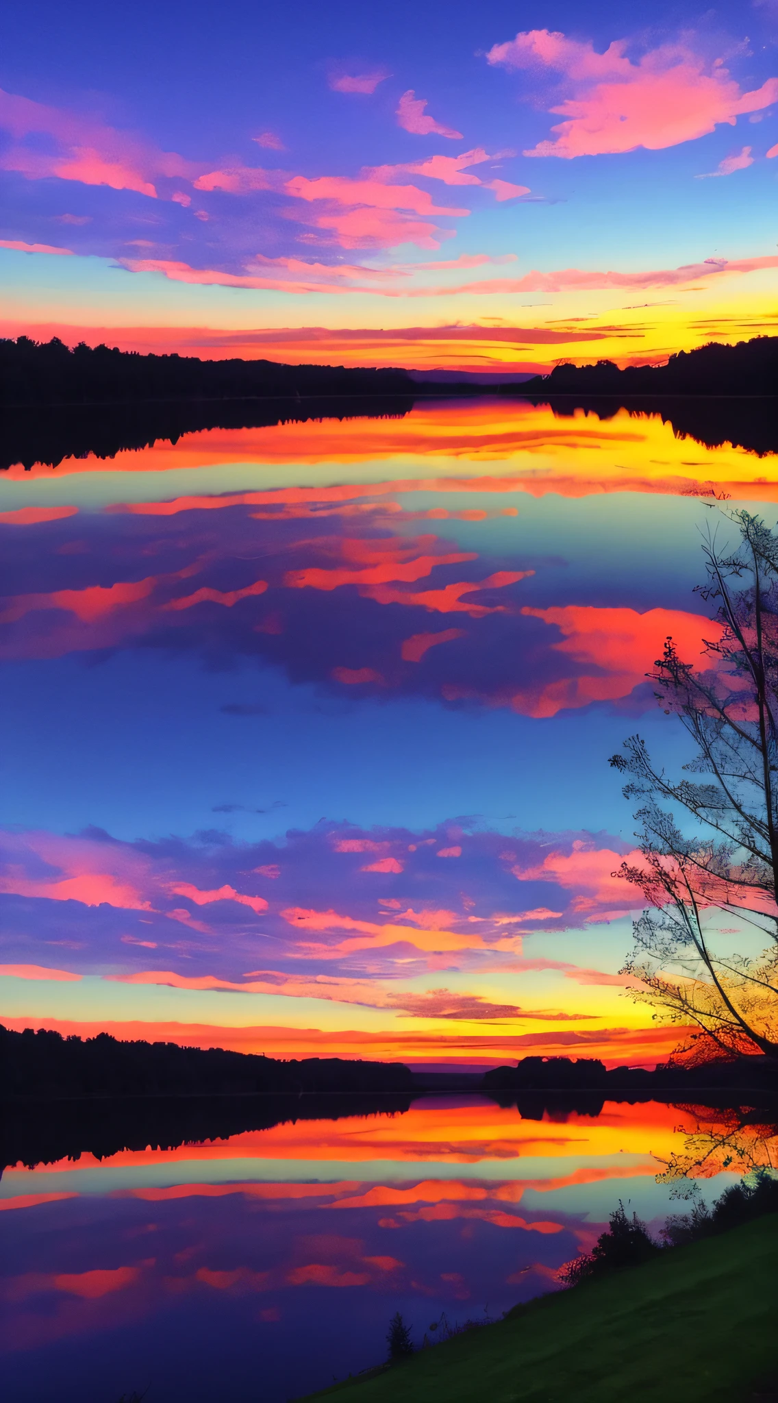 there is a beautiful sunset with a lake and trees in the background, colorful skies, surreal colors, colorful sunset, colorful sky, marvellous reflection of the sky, stunning sky, dream like atmosphere 8k, colorful clouds, colors reflecting on lake, surreal sky, red and blue reflections, fire reflection, beautiful sky, beautiful and spectacular dusk, beautiful dreamy landscape, amazing sky