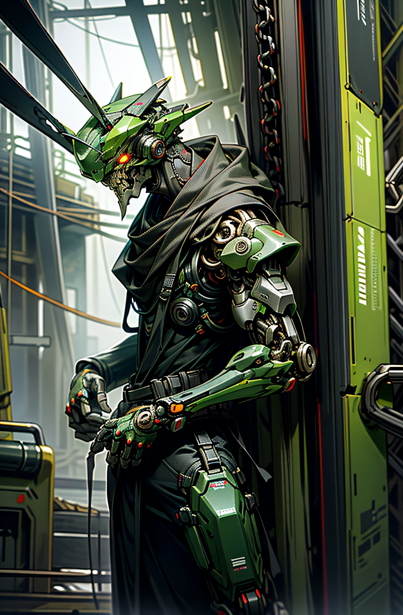 Dark_Fantasy,Cyberpunk,(chain saw,chain saw man,Red:1.1),1man,Mechanical marvel,Robotic presence,Cybernetic guardian, green color
