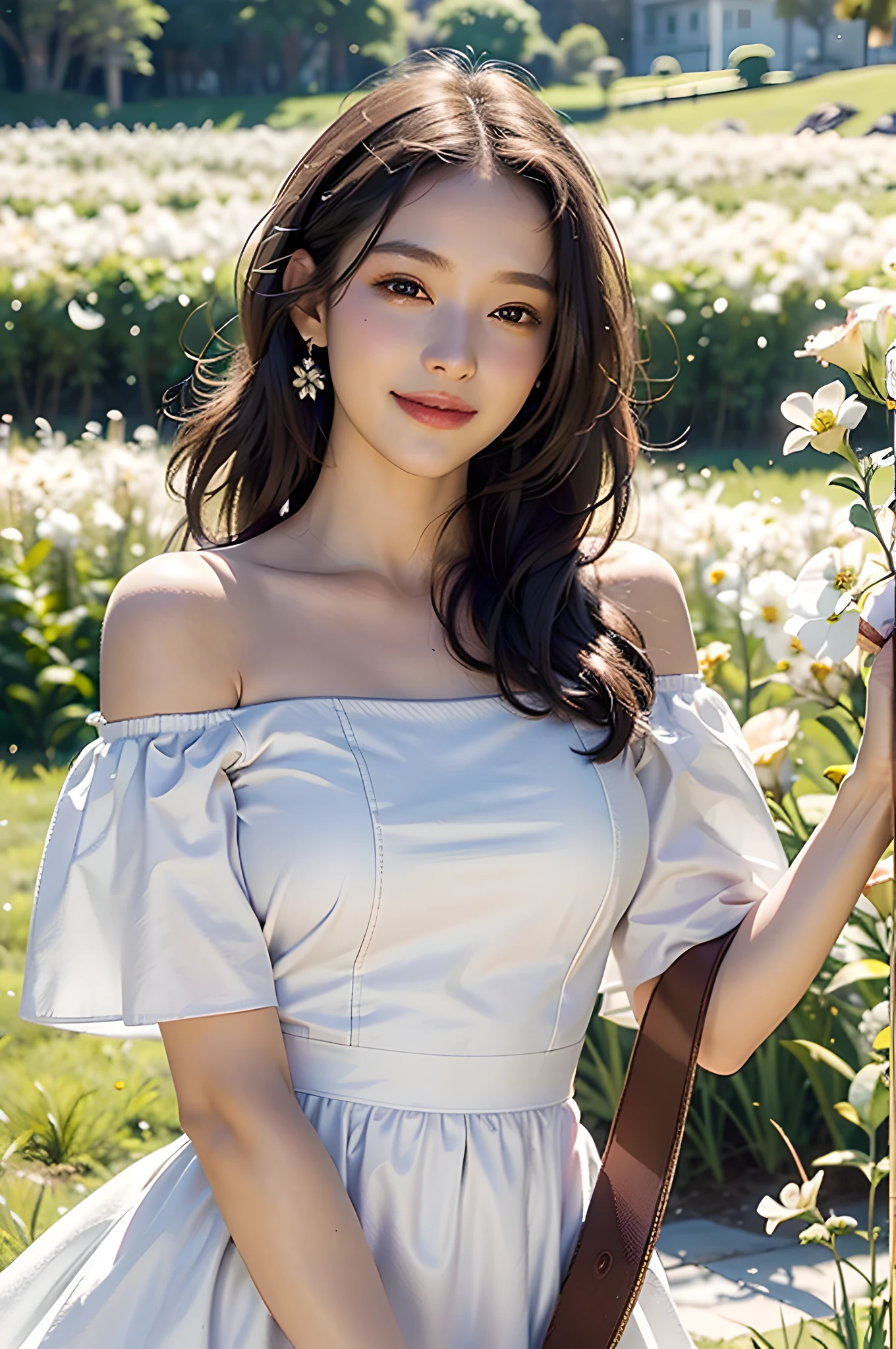 Best quality, masterpiece, ultra high res, (photorealistic:1.4), raw photo, 1girl, white dress, off shoulder, blossom flower field, glowing skin, light smile