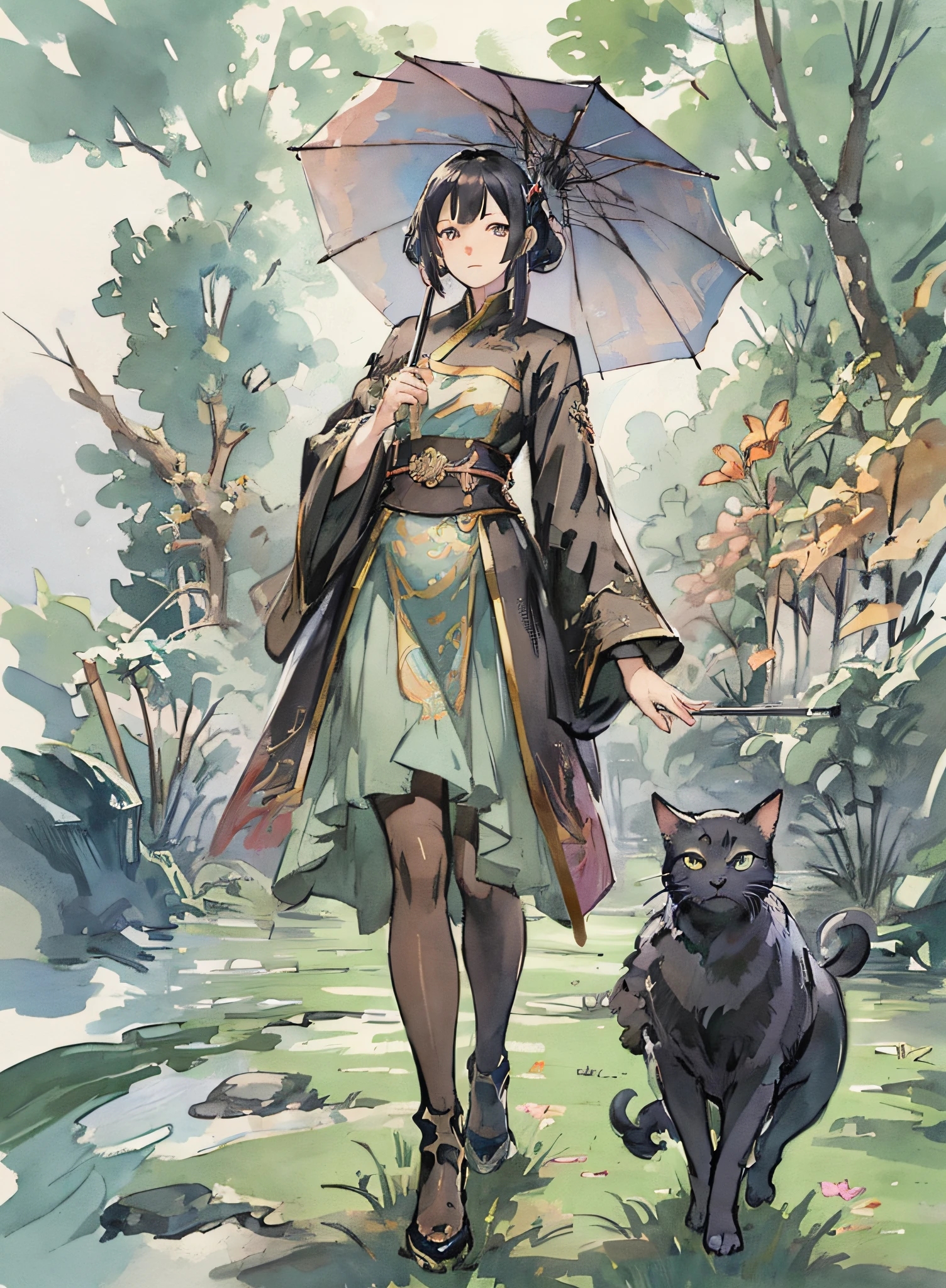 there are two pictures of a woman with an umbrella and a cat, artwork in the style of guweiz, guweiz, beautiful character painting, guweiz on artstation pixiv, guweiz on pixiv artstation, stunning anime face portrait, beautiful digital artwork, wlop rossdraws, detailed digital anime art, guweiz masterpiece