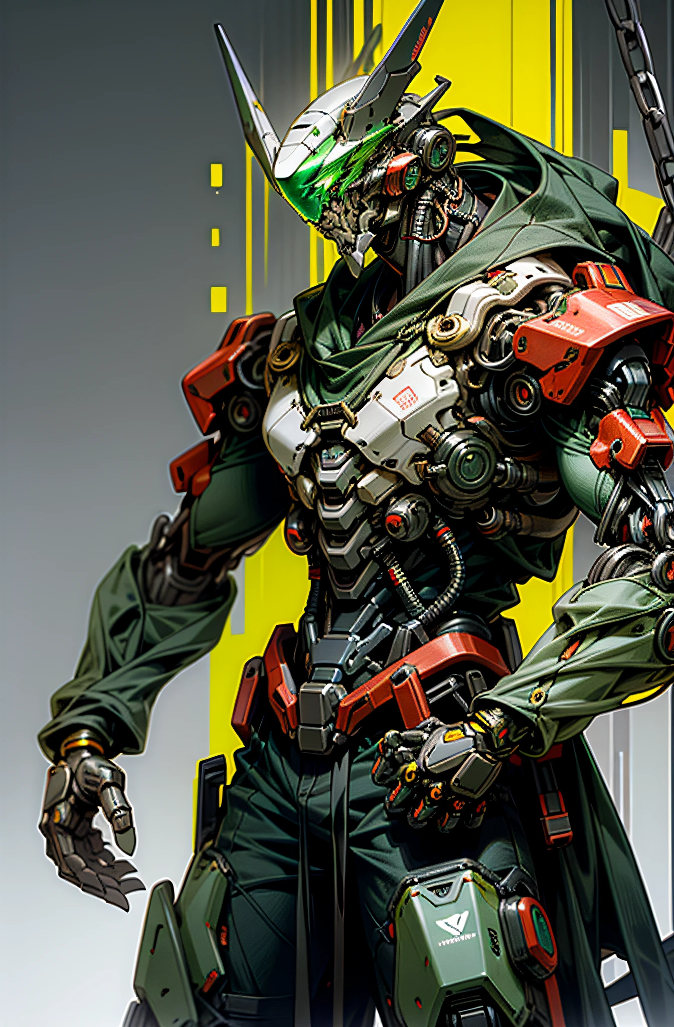 Dark_Fantasy,Cyberpunk,(chain saw,chain saw man,Red:1.1),1man,Mechanical marvel,Robotic presence,Cybernetic guardian, green color