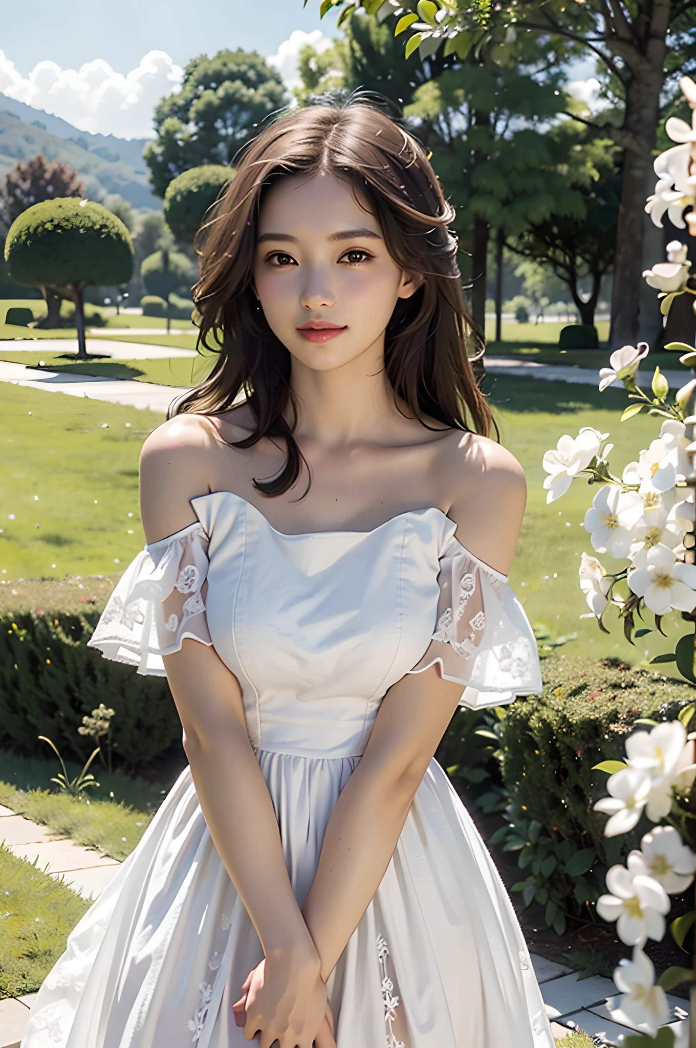Best quality, masterpiece, ultra high res, (photorealistic:1.4), raw photo, 1girl, white dress, off shoulder, blossom flower field, glowing skin, light smile