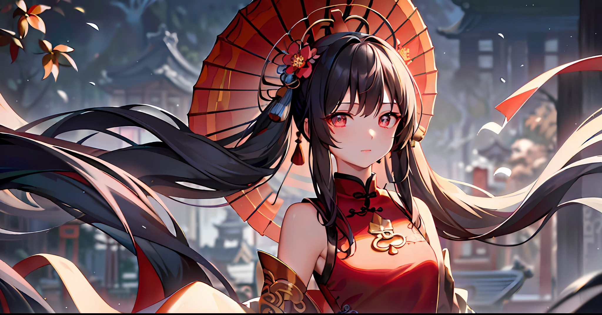((masterpiece)), ((best quality)), (ultra-detailed), (illustration), ((an extremely delicate and beautiful)),extremely detailed CG unity 8k wallpaper,detailed background,(by exquisite colors block),(upper body),(by exquisite colors block),chinese,close-up,
(1girl:1.4),(solo:1.3),(Hu Tao:1.3),(young girl:1.3),(black hair),red eyes,((flat_chest)),beautiful detailed eyes,(Quincunx shape pupil),((gradient eyes)),Long hair,(twintails:1.2),
((chinese clothes,china dress)),
(snow),snowfield,[snowflakes],(chinese style architecture:1.2),winter, (plum flower:1.1),
ray tracing,reflection light,