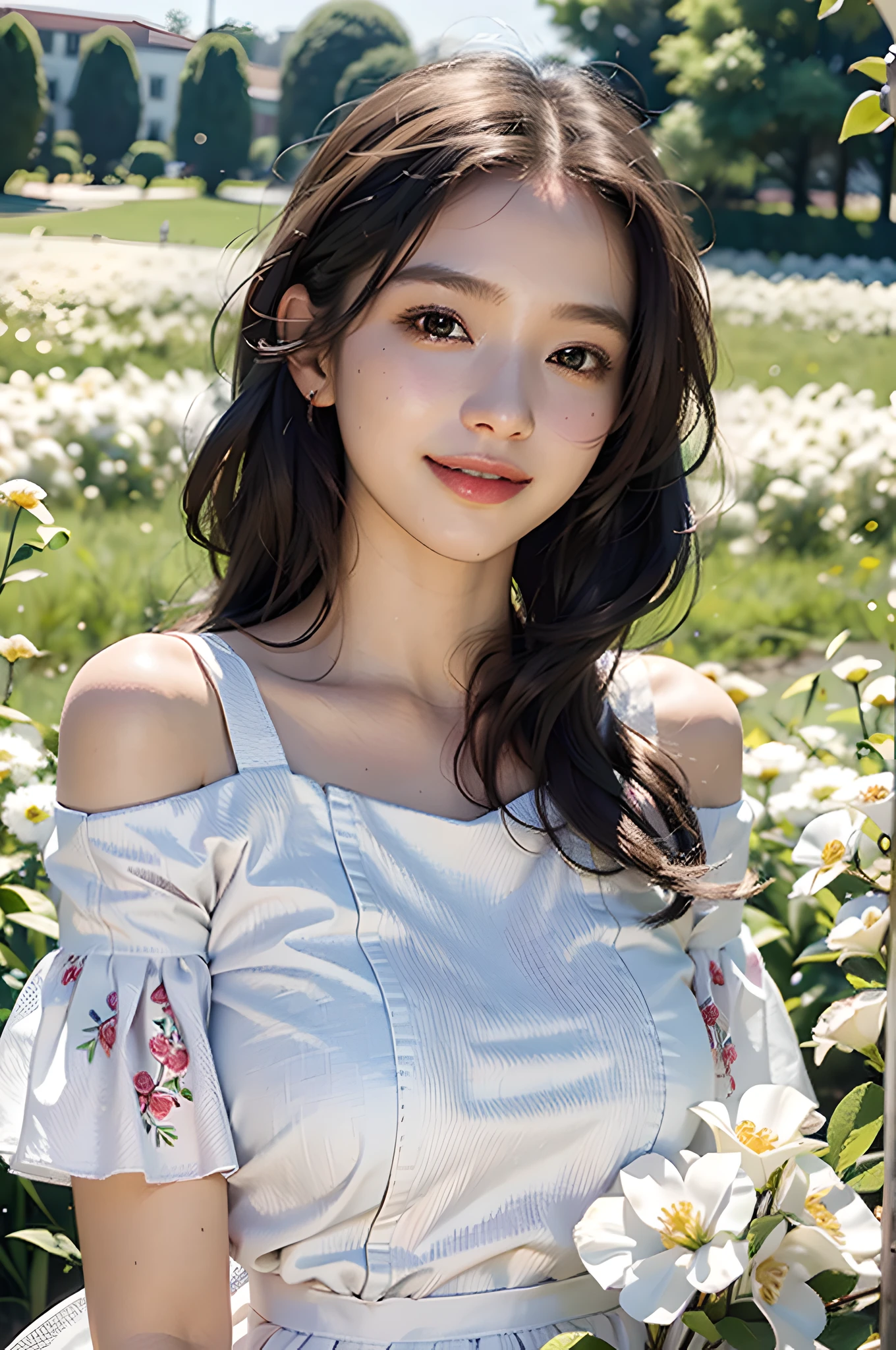 Best quality, masterpiece, ultra high res, (photorealistic:1.4), raw photo, 1girl, white dress, off shoulder, blossom flower field, glowing skin, light smile