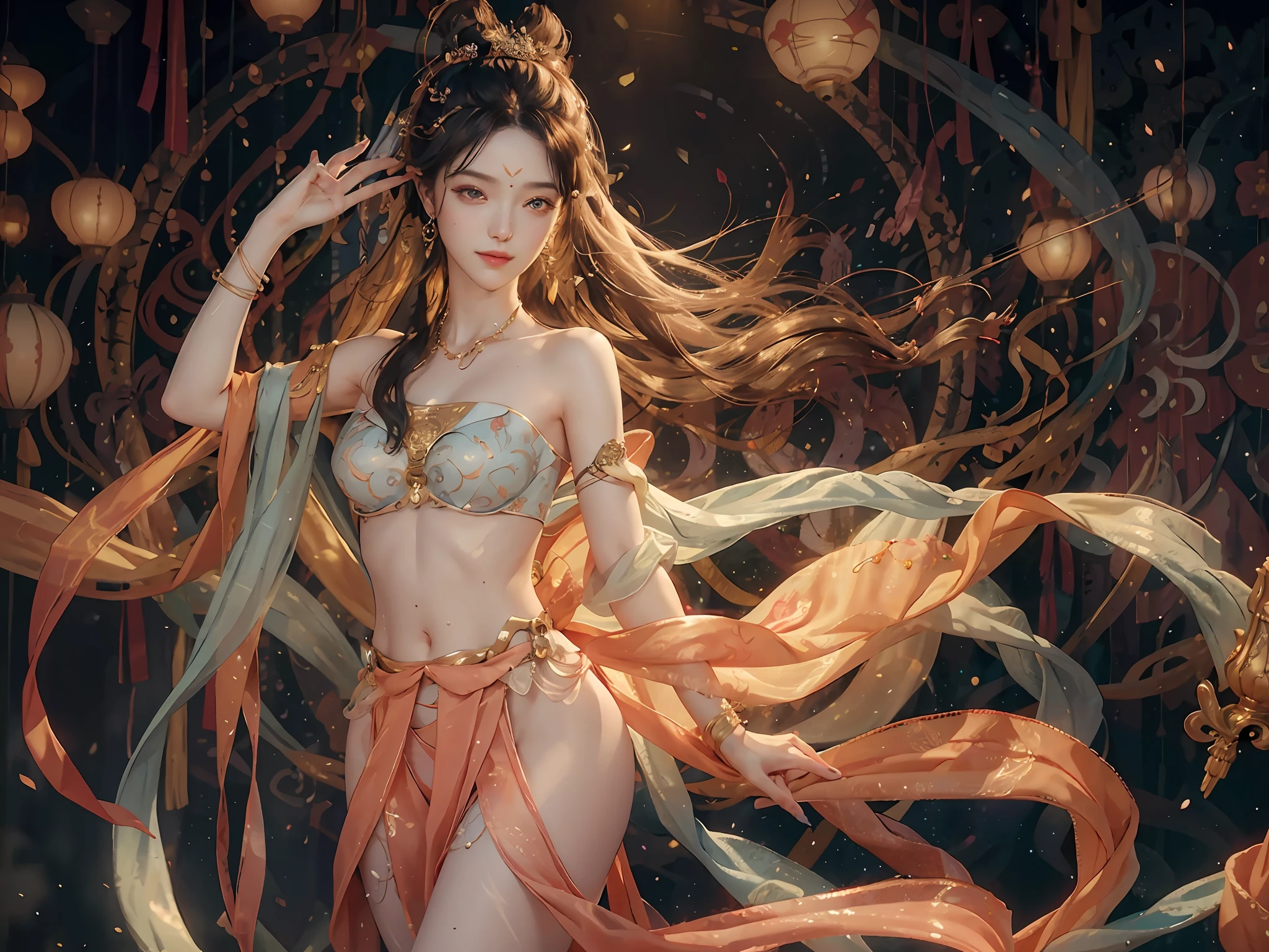 (RAW Photo, Best Quality), (Realistic, Photorealistic Real: 1.3), Best Quality, Highly Detailed, Masterpiece, Ultra Detailed, Illustration, 1 Girl, upper_body, Dynamic Angle, World Mastery Theater, messy_long_hair, Best Quality, Extremely Delicate Beautiful Girl, Supple Fair Skin, Delicate Facial Features, Perfect Face, Sexy Collarbone, Delicate Forehead, Delicate Eyelashes, Delicate Eyes, Bare Shoulders, Stunning Beauty, Extreme Details, Realistic Details, Abdomen, navel, extremely detailed CG, 8k wallpaper, ink, amazing, sexy, peach blossom eye makeup, light makeup, smile, movie lights, lens_flare, dunhuang_style, delicate headdress, delicate earrings, delicate bracelets, waist chains, in-law dance, bare shoulders, streamers, floating, lanterns, flying pipa girl, material reflective