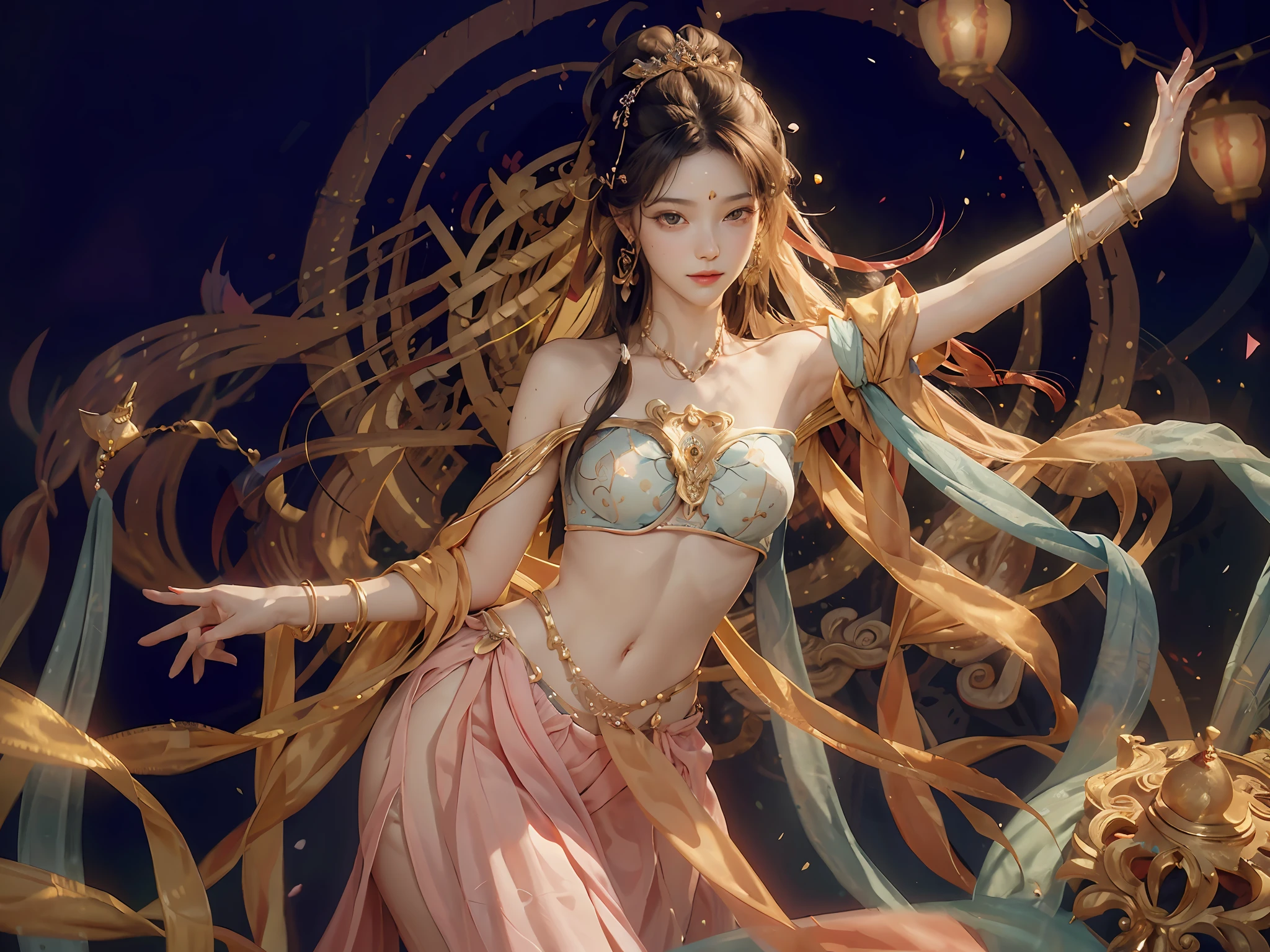 (RAW Photo, Best Quality), (Realistic, Photorealistic Real: 1.3), Best Quality, Highly Detailed, Masterpiece, Ultra Detailed, Illustration, 1 Girl, upper_body, Dynamic Angle, World Mastery Theater, messy_long_hair, Best Quality, Extremely Delicate Beautiful Girl, Supple Fair Skin, Delicate Facial Features, Perfect Face, Sexy Collarbone, Delicate Forehead, Delicate Eyelashes, Delicate Eyes, Bare Shoulders, Stunning Beauty, Extreme Details, Realistic Details, Abdomen, navel, extremely detailed CG, 8k wallpaper, ink, amazing, sexy, peach blossom eye makeup, light makeup, smile, movie lights, lens_flare, dunhuang_style, delicate headdress, delicate earrings, delicate bracelets, waist chains, in-law dance, bare shoulders, streamers, floating, lanterns, flying pipa girl, material reflective