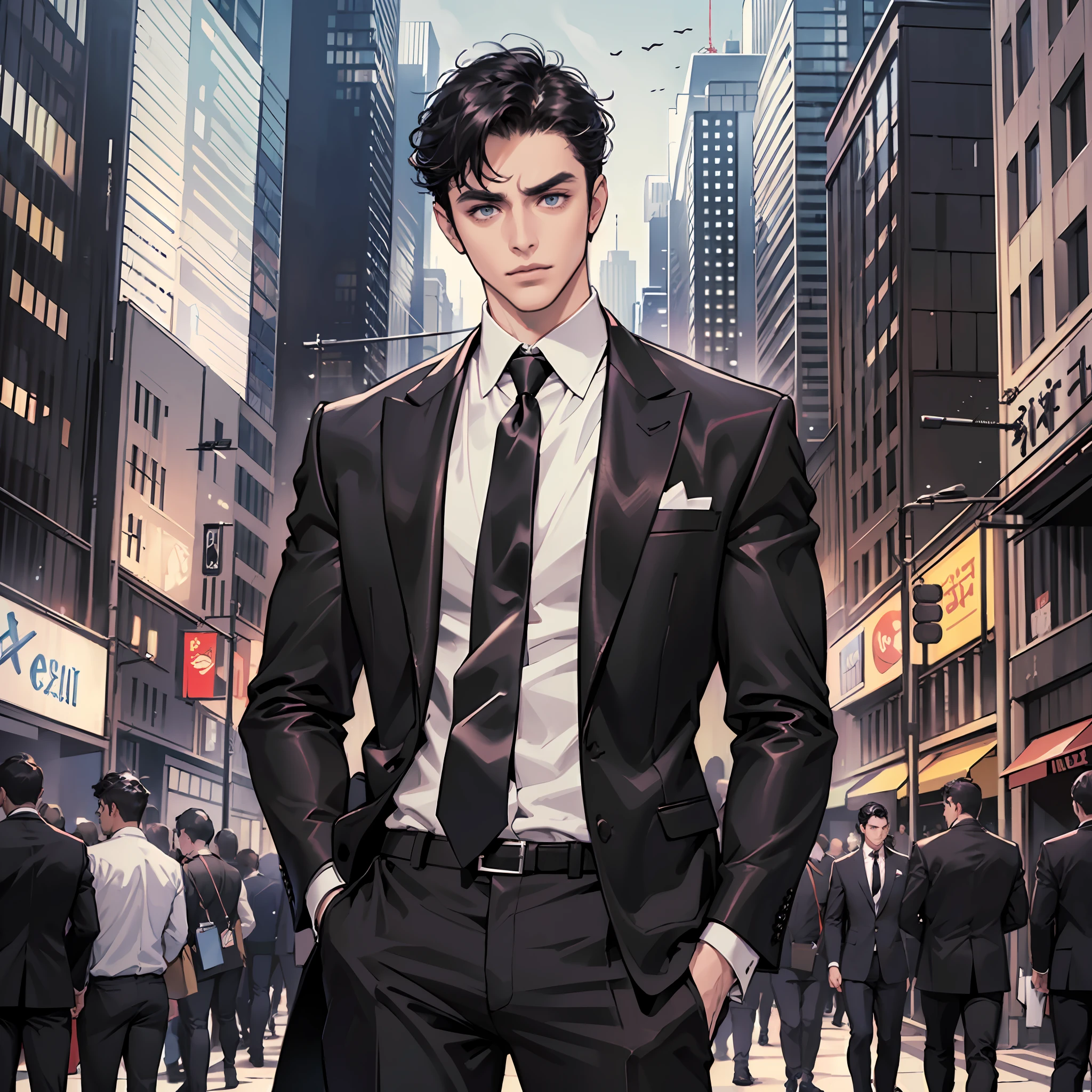 Masterpiece, Excellent, (City: 1.5), CG drawing with super high detail, handsome, cold face, expressionless,
(a man with short black hair, white shirt, black tie, black pants, leather shoes, a little scum: 1.8),
High-rise, luxurious, standing, crowd, busy, facing audience, illustration, wide angle
