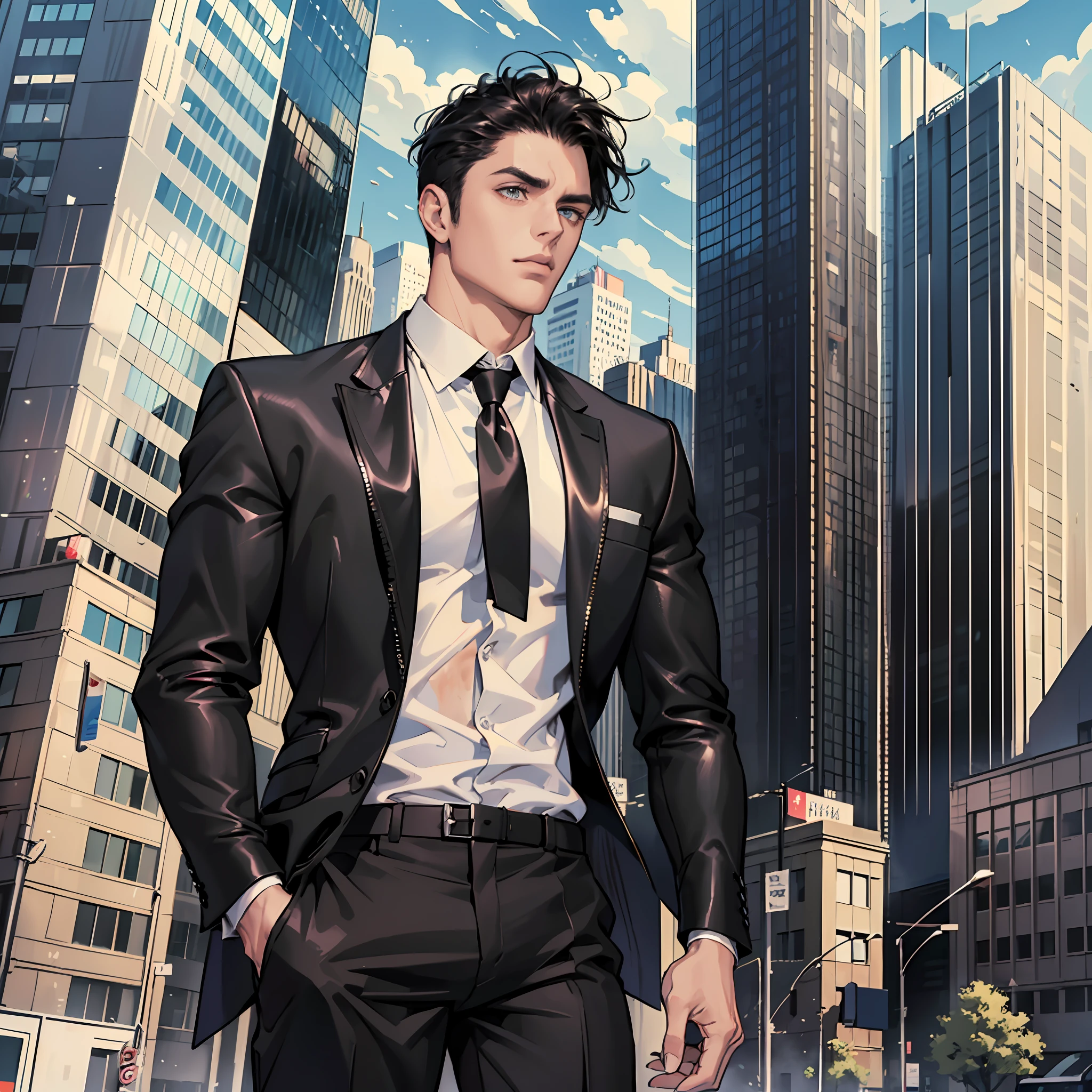 Masterpiece, Excellent, (Office: 1.5), CG drawing with super high detail, handsome, cold face, expressionless,
(a man with short black hair, white shirt, black tie, black pants, leather shoes, a little scum: 1.8),
Office building, luxury, standing, crowd, busy, facing audience, illustration, wide angle