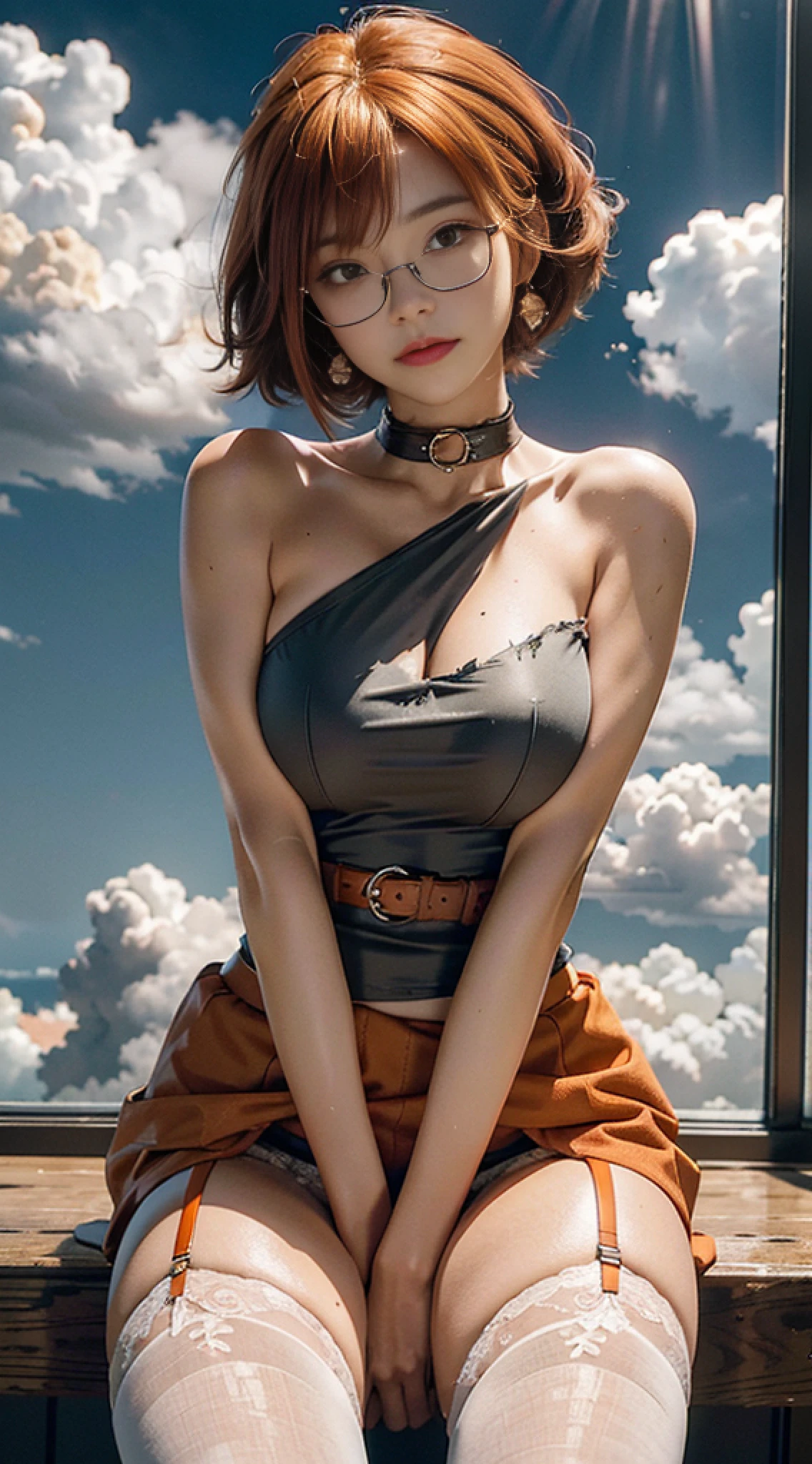 ((Best Quality, 8K, Masterpiece: 1.3)), 1 girl, , Slim Abs Beauty: 1.3, (Bob Orange Hairstyle Short, Fringe, Glasses, Big Breasts: 1.2), Skirt: 1.1, Dress: 1.1, Super Thin Face, Delicate Eyes, Double Eyelids, Smile, Dangerous, Torn Clothes, Garter Belt, Long Stocking on Legs Torn, Long Sock on Arms, Earrings, Neck Belt, Orange Hair Color, Kpop, Crying, Above Clouds, Clouds, Stratosphere, No Panties, Crotch Clean, Topless, OVERCAST LIGHT