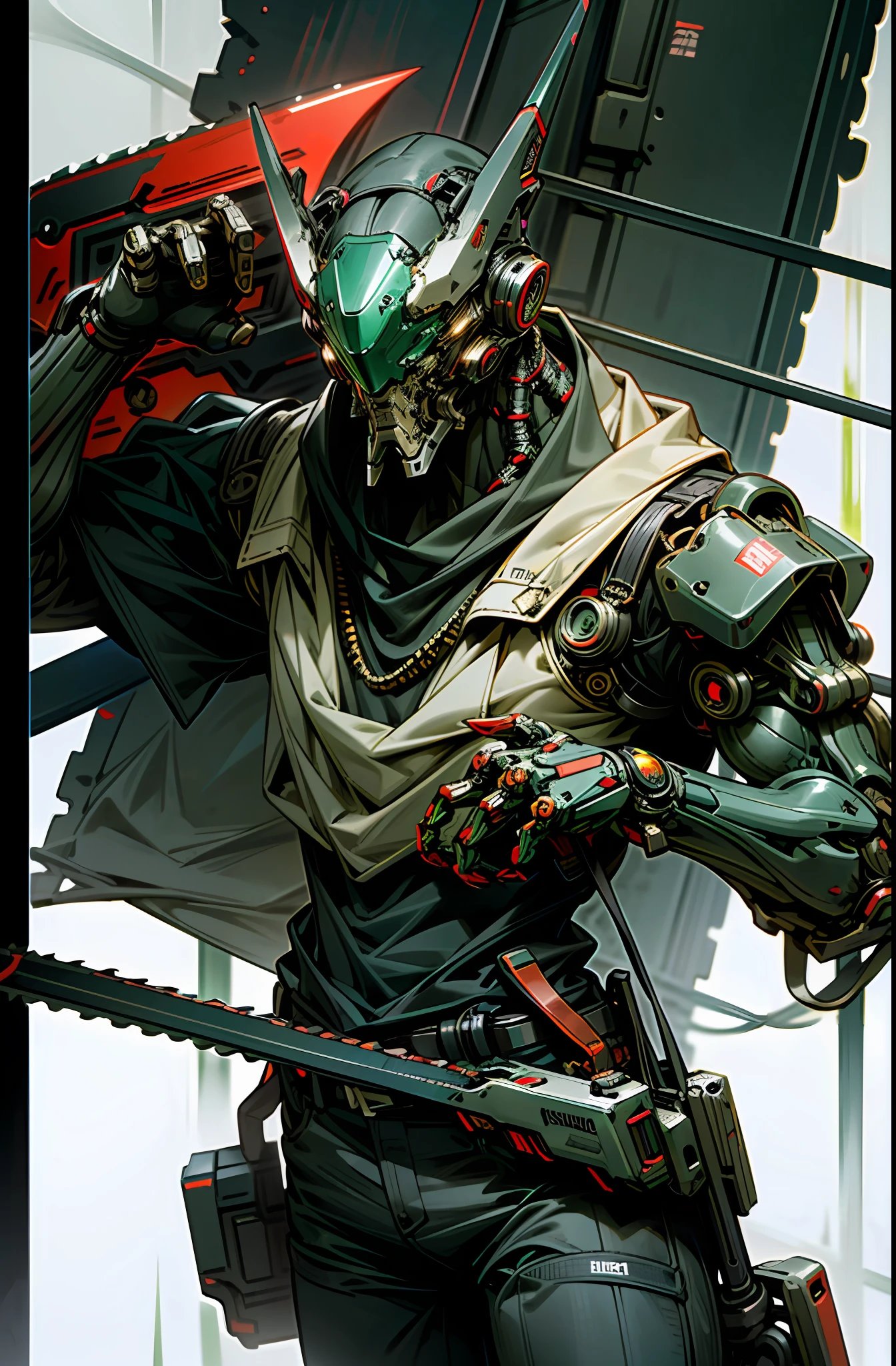 Dark_Fantasy, Steam Cyberpunk Style, (Chainsaw, Chainsaw Man, Red: 1.1), 1 Man, Mechanical Marvel, Robot Presence, Cybernetics Guardian, Green