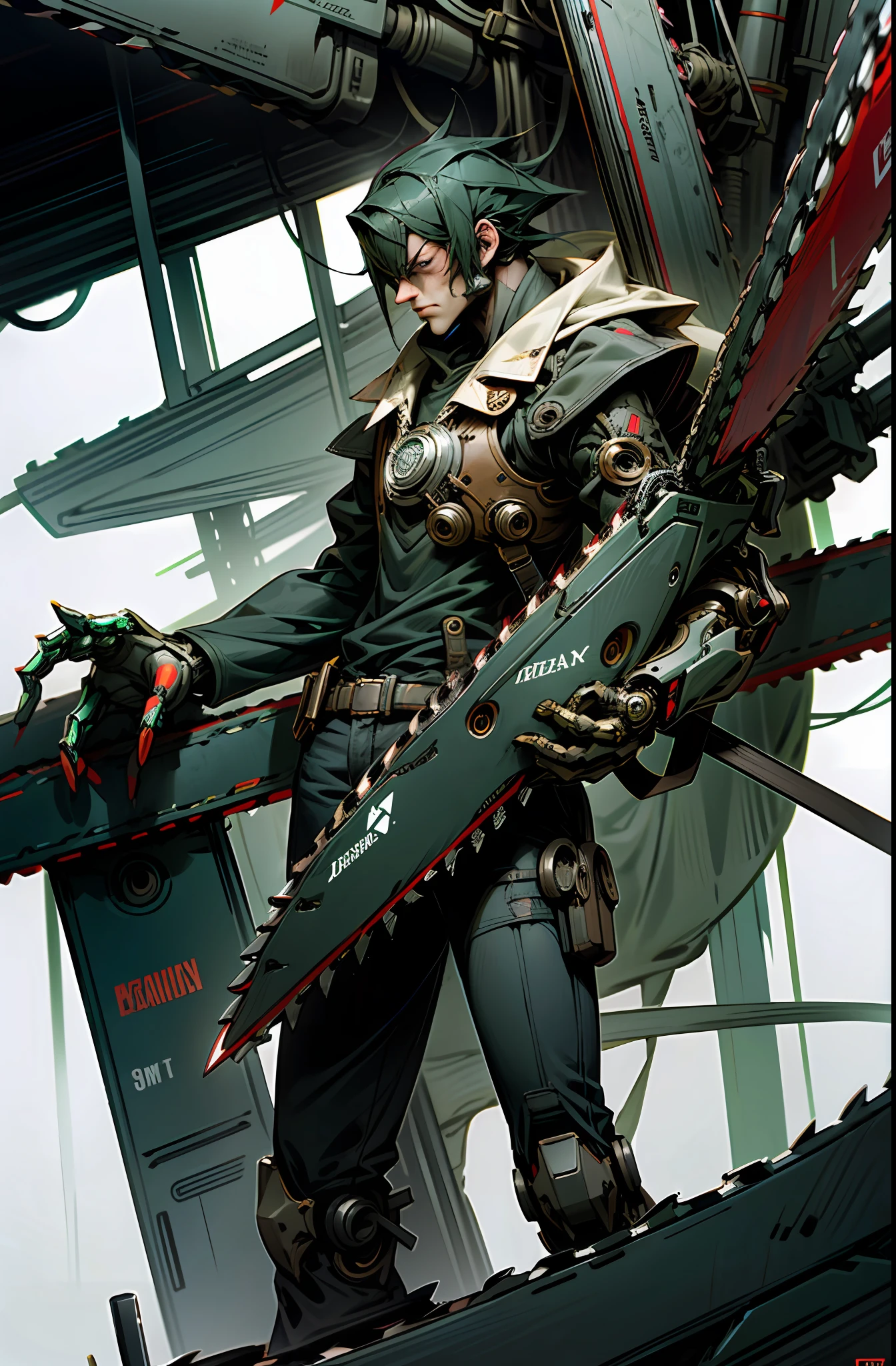 Dark_Fantasy, Steam Cyberpunk Style, (Chainsaw, Chainsaw Man, Red: 1.1), 1 Man, Mechanical Marvel, Robot Presence, Cybernetics Guardian, Green