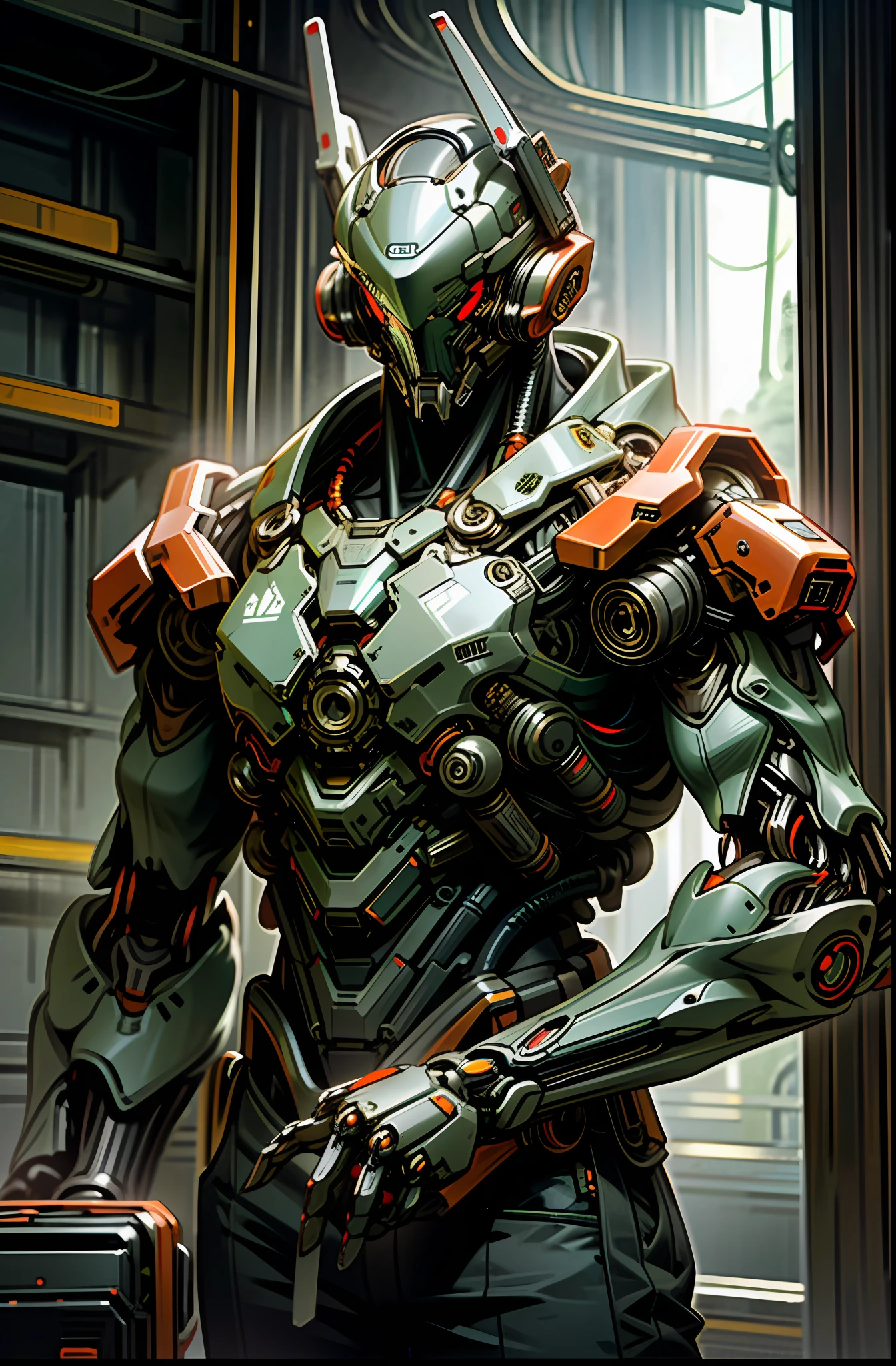 Dark_Fantasy, Steam Cyberpunk Style, (Chainsaw, Chainsaw Man, Red: 1.1), 1 Man, Mechanical Marvel, Robot Presence, Cybernetics Guardian, Green