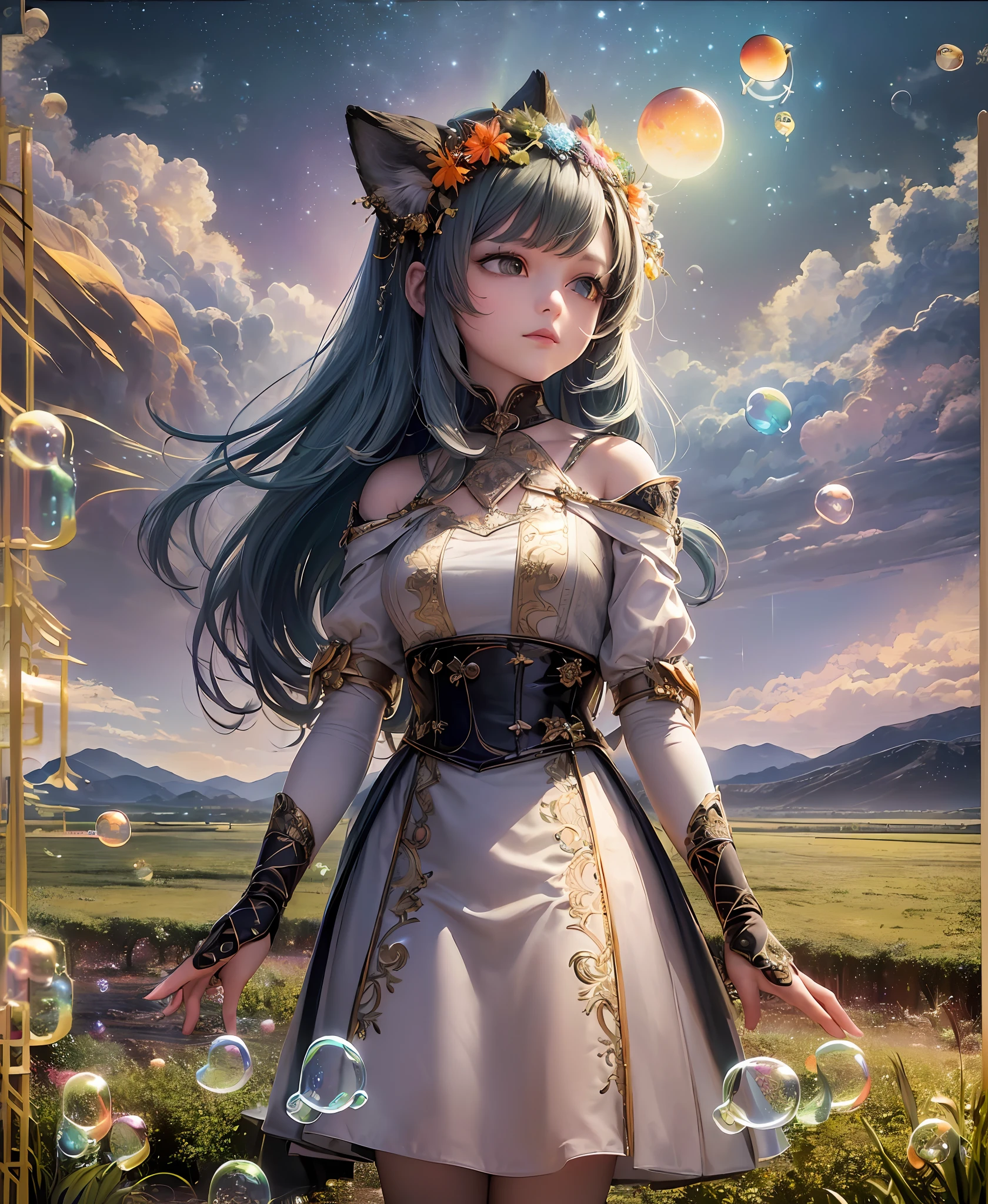 (Masterpiece), (Best Quality), (Official Art, Highly Detailed CG Unity 8k Wallpaper), (Very Detailed), (((Absurd)), 1 Girl, Midshot, (Exquisite Facial Features), (Serafuk: 1.3) ((SFW)), ((Clean Hands)), (White Neeso without shoes)), Aqua Eye, Colored Contact Lenses, Stars in the Eyes, (((((Colorful Bubbles)))), Colorful Glass, (Album cover) Vast landscape photo, (sky up, field below), girl standing in a flower field and looking up, (full moon: 1.2), (meteor: 0.9), (nebula: 1.3), distant mountains, trees BREAK craft art, (warm light: 1.2), (fireflies: 1.2), lights, lots of purple and orange, intricate details, voluminous lighting, realism BREAK (masterpiece (Best Quality), 4k, Ultra Detail, (Dynamic Composition: 1.4), Very Detailed, Colorful Details, (Rainbow Color: 1.2), (Glow Lighting, Atmospheric Lighting), Dreamy, Magical, (Solo: 1.2)