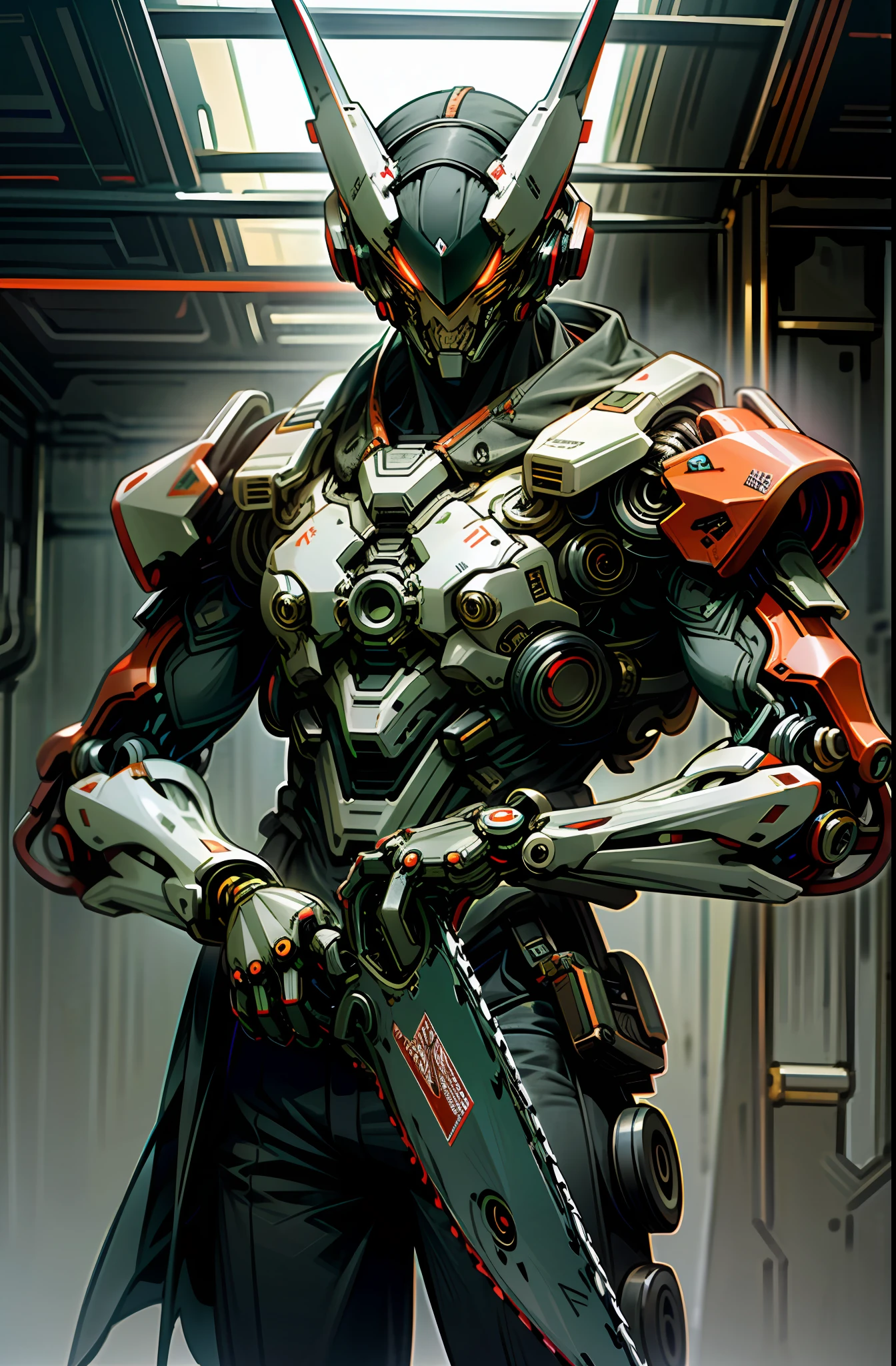 Dark_Fantasy, Steam Cyberpunk Style, (Chainsaw, Chainsaw Man, Red: 1.1), 1 Man, Mechanical Marvel, Robot Presence, Cybernetics Guardian, Green