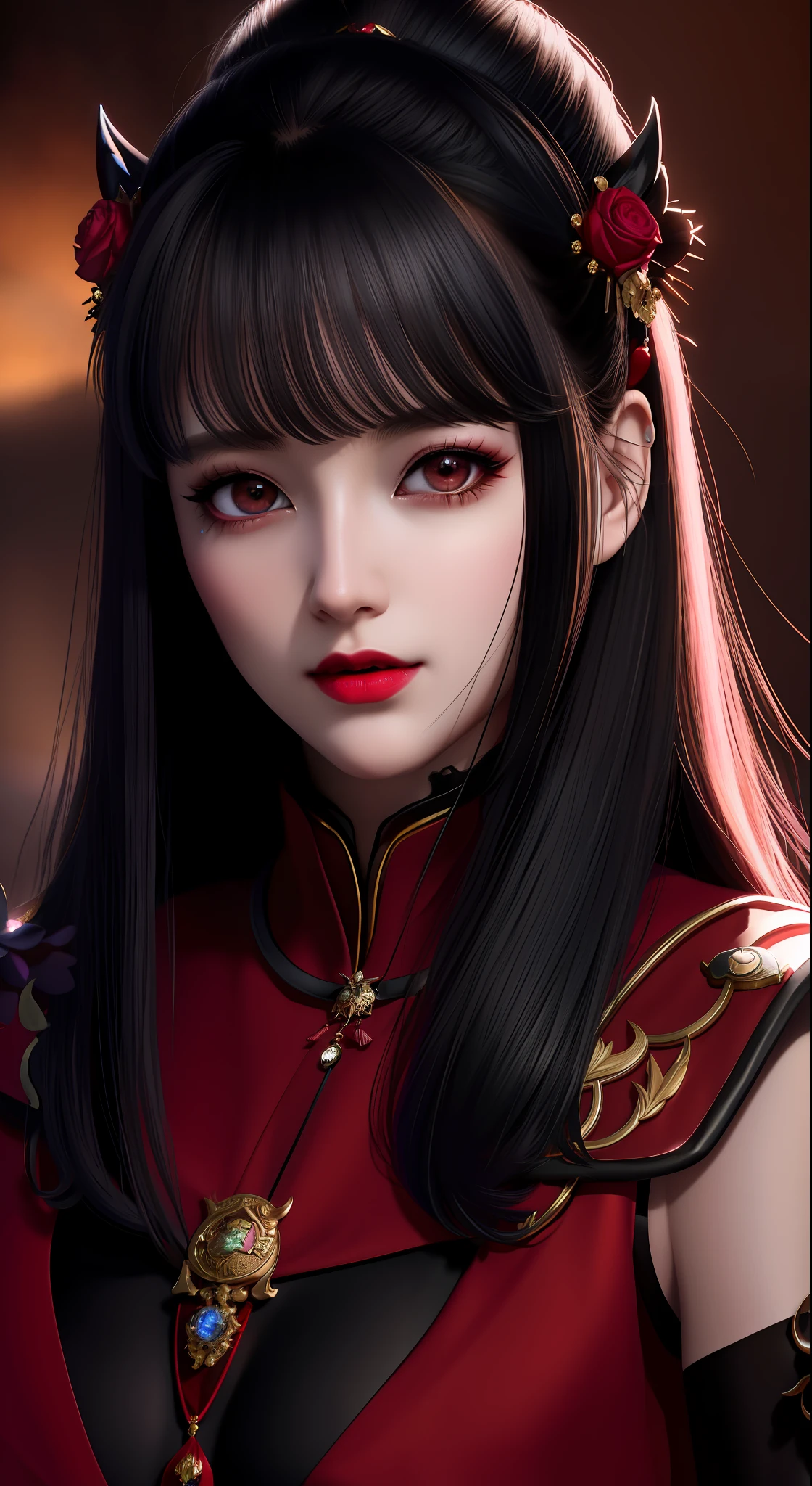 Best quality, masterpiece, highres, 1girl, hanfu, chinese underwear, hair ornaments, necklace, jewelry, crown jewelry. Pretty face, upper body, magic import style, tyndall effect, photorealistic, dark studio, border light, two tone light, (high detail skin: 1.2), 8k uhd, dslr, soft light, high quality, volumetric light, candid, Photo, high resolution, 4k, 8k, Bokeh, (light pink lips), 1 beautiful demon from hell, In the Dark: 1.6), surreal female portraits by David Hockney and Alphonse Mucha, fantasy art, photorealism, dynamic lighting, station art, posters, volumetric lighting, highly detailed faces, super 8k, Awarded, in the dark, deep shadow, low light, cowboy lens, (Red phoenix dress: 1.4), long hair, black hair, bust, palace luxury, Royal style, crown devil, red eyes with very sharp and detailed makeup, Best face, Very big and round and round breasts, Surreal, chinese women's clothes, turtleneck polo shirt, charming smile, Beautiful eyes makeup, guweiz, devil style, black mesh stockings, ponytail with a bow at the back, dark red lips, Devil tattoo on shoulder, wearing a thin red and black shirt , cape, overcast and thundering landscape, (Portrait), Protagonist Close-up, (Background detail 1.8),