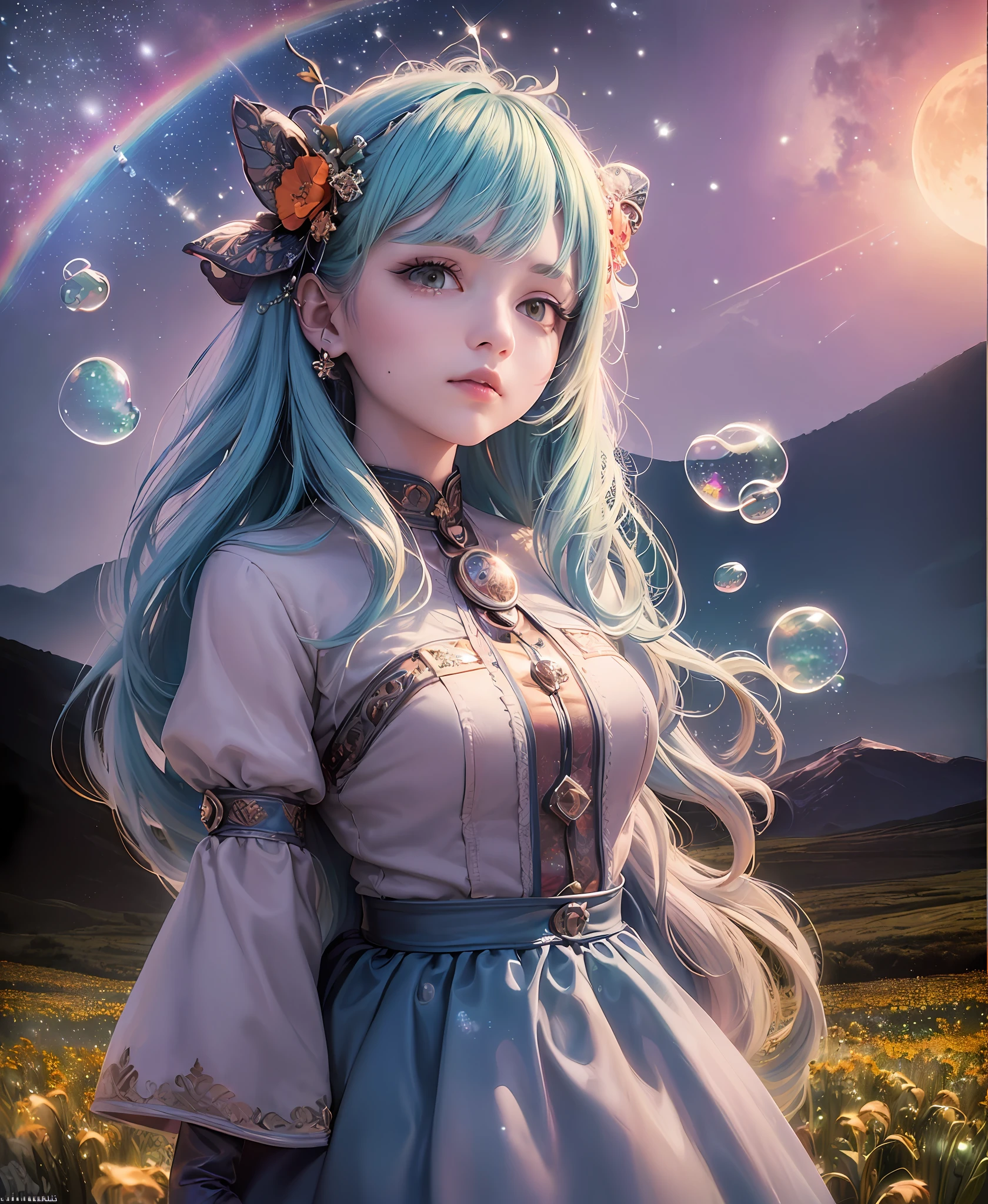 (Masterpiece), (Best Quality), (Official Art, Highly Detailed CG Unity 8k Wallpaper), (Very Detailed), (((Absurd)), 1 Girl, Midshot, (Exquisite Facial Features), (Serafuk: 1.3) ((SFW)), ((Clean Hands)), (White Neeso without shoes)), Aqua Eye, Colored Contact Lenses, Stars in the Eyes, (((((Colorful Bubbles)))), Colorful Glass, (Album cover) Vast landscape photo, (sky up, field below), girl standing in a flower field and looking up, (full moon: 1.2), (meteor: 0.9), (nebula: 1.3), distant mountains, trees BREAK craft art, (warm light: 1.2), (fireflies: 1.2), lights, lots of purple and orange, intricate details, voluminous lighting, realism BREAK (masterpiece (Best Quality), 4k, Ultra Detail, (Dynamic Composition: 1.4), Very Detailed, Colorful Details, (Rainbow Color: 1.2), (Glow Lighting, Atmospheric Lighting), Dreamy, Magical, (Solo: 1.2)