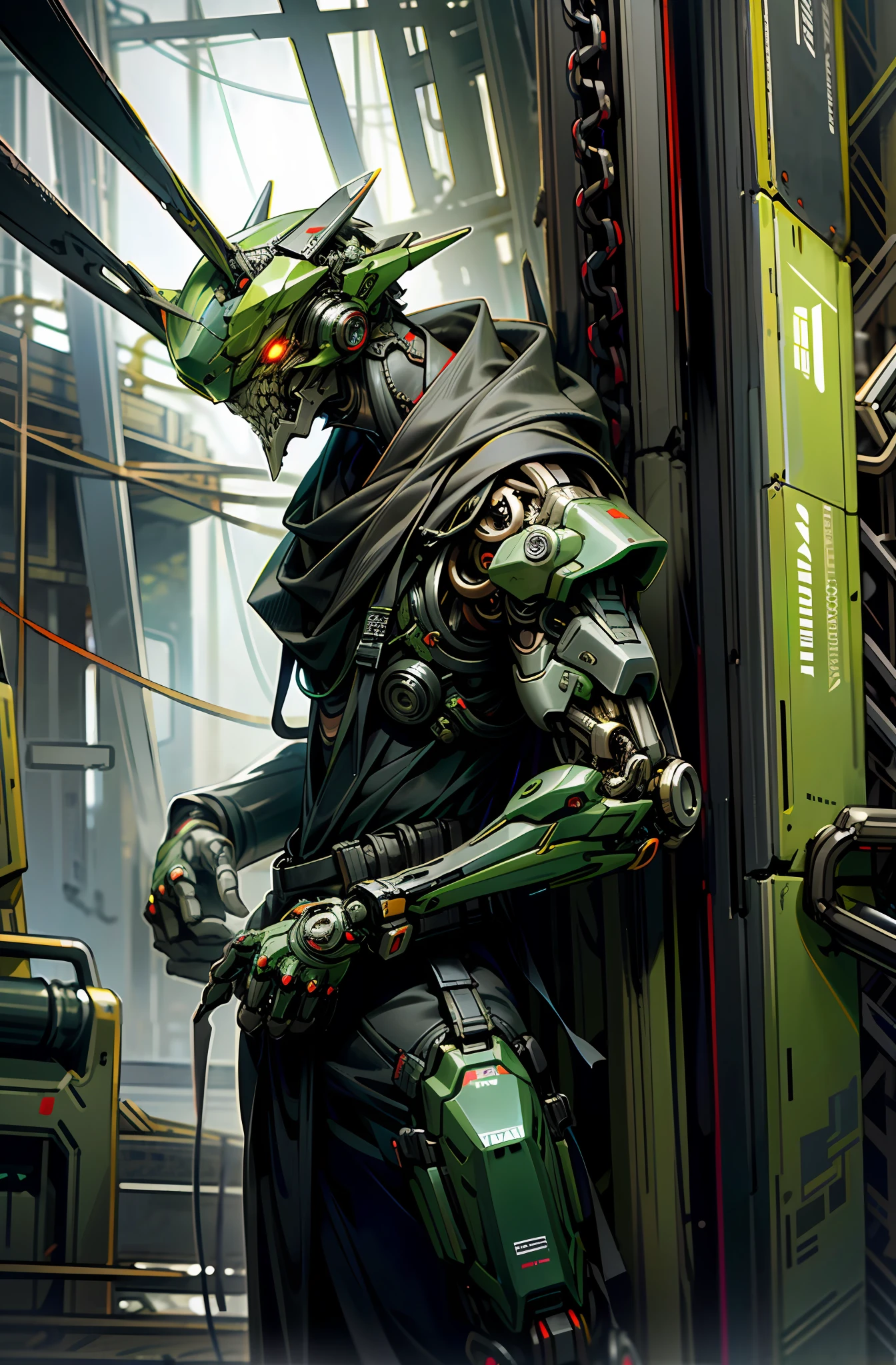 Dark_Fantasy,Cyberpunk,(chain saw,chain saw man,Red:1.1),1man,Mechanical marvel,Robotic presence,Cybernetic guardian, green color