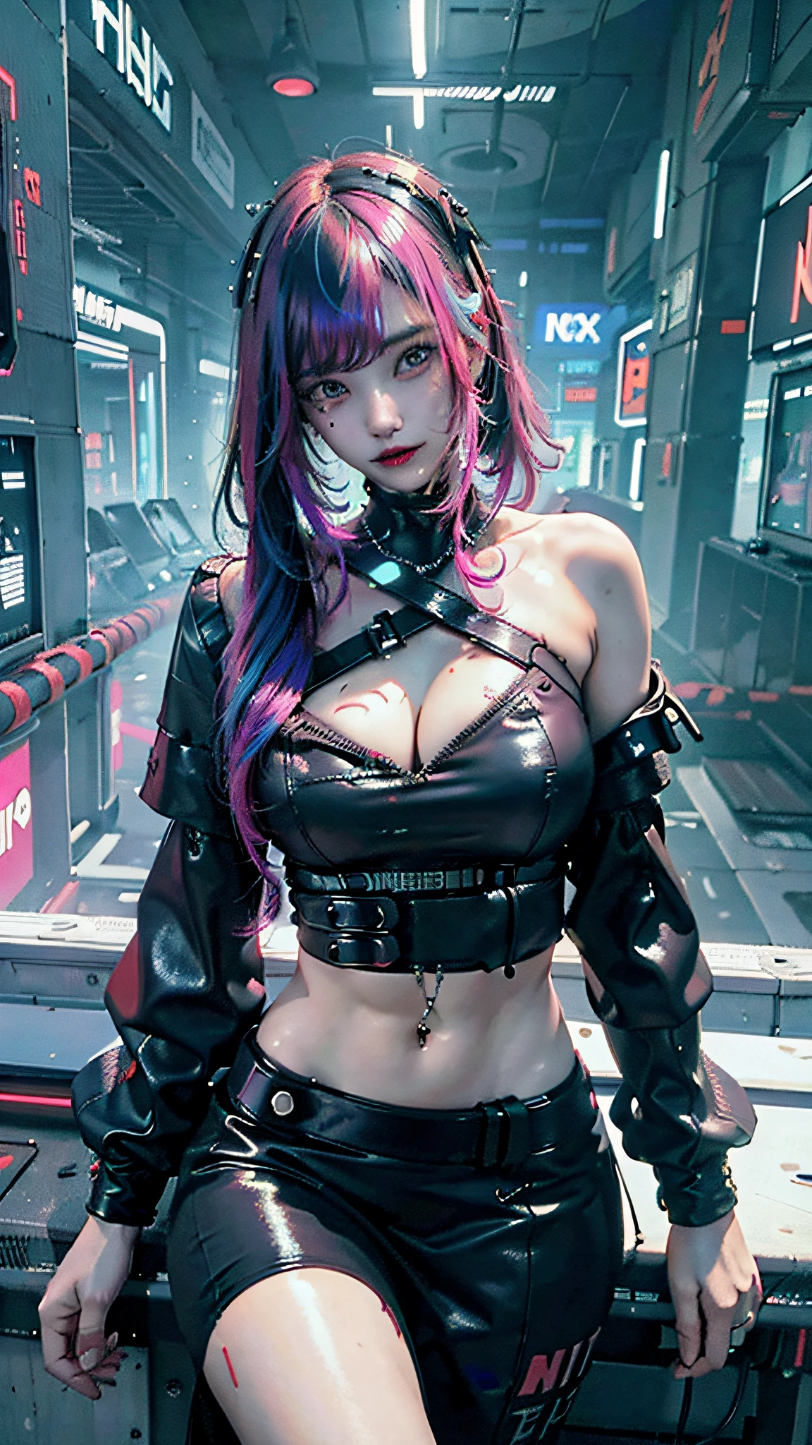((Best Quality)), ((Masterpiece)), (High Definition:1.3), 3D, Beautiful (Cyberpunk:1.3) Colored hair, black clothes looking at camera, young, hacker woman showing big breasts, sticking out, sexual, seduction, buttocks, crotch, white liquid on it, neo tokyo