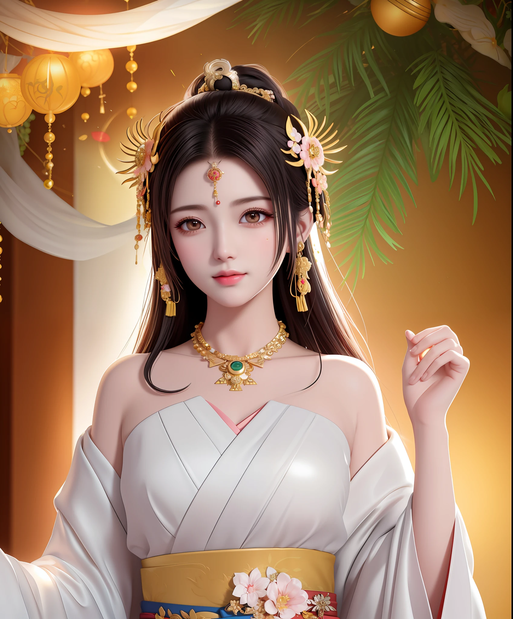 Top Quality, Masterpiece, Hi-Res, Girl 1, Hair Ornament, Necklace, Jewelry, Beautiful Face, upon_body, Tyndall Effect, Photorealistic, Dark Studio, Rim Lighting, Two-Tone Lighting, (High Definition Skin: 1.2), 8K UHD, DSLR, Soft Lighting, High Quality, Volumetric Lighting, Candid, Photography, High Resolution, 4k, 8k, Bokeh, ((Best Quality, Masterpiece)), ((High Definition)), 1girl, (Supreme God of Japan), (Goddess), (((Supremely Beautiful Face)))), Aura, Amaterasu Wolf, Amaterasu Daijingu Shrine, Elegant, Elegant, Most Dignified, Kimono, Priestess Costume, Twelve, Hair Ornament, Sun on Background, Sun God, Necklace, Jewelry, Beautiful Figure, upon_body, Tyndall Effect, Photorealistic , Rim Lighting, Two-Tone Lighting, (High Detail Skin:1.2), 8k UHD, DSLR, Soft Lighting, High Quality, Volumetric Lighting, Candid, Photography, High Resolution, 4k, 8k, Bokeh, Medium-breasted, (Light Pink Lips), God of Luck, God of Money Luck, God of Healing Sickness, God of Warding Off Evil, God of Rising Fortune, God of Prosperous Business, God of Disease-Free Breathing, God of Happiness and Power to the Beholder, soothing