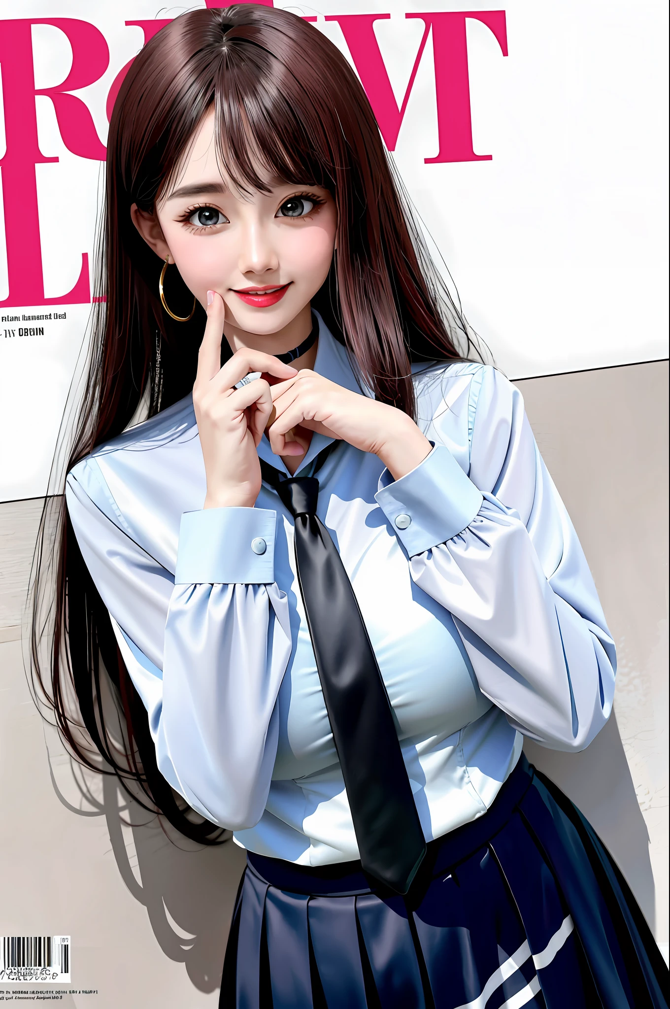 masterpiece, best quality, full body, 1girl, bangs, black choker, black necktie, black hair, blue skirt, blush, bracelet, breasts, choker, clothes around waist, collarbone, collared shirt, cowboy shot, dress shirt, ear piercing, eyebrows visible through hair, gradient hair, grin, gyaru, jewelry, kogal, long hair, looking at viewer, loose necktie, necktie, piercing, plaid, plaid skirt, pleated skirt, red eyes, ring, school uniform, shirt, skirt, smile, solo, white shirt, street, sky, cherry blossoms, petals,illustration, (magazine:1.3), (cover-style:1.3), fashionable, woman, vibrant, outfit, posing, front, colorful, dynamic, background, elements, confident, expression, holding, statement, accessory, majestic, coiled, around, touch, scene, text, cover, bold, attention-grabbing, title, stylish, font, catchy, headline, larger, striking, modern, trendy, focus, fashion,