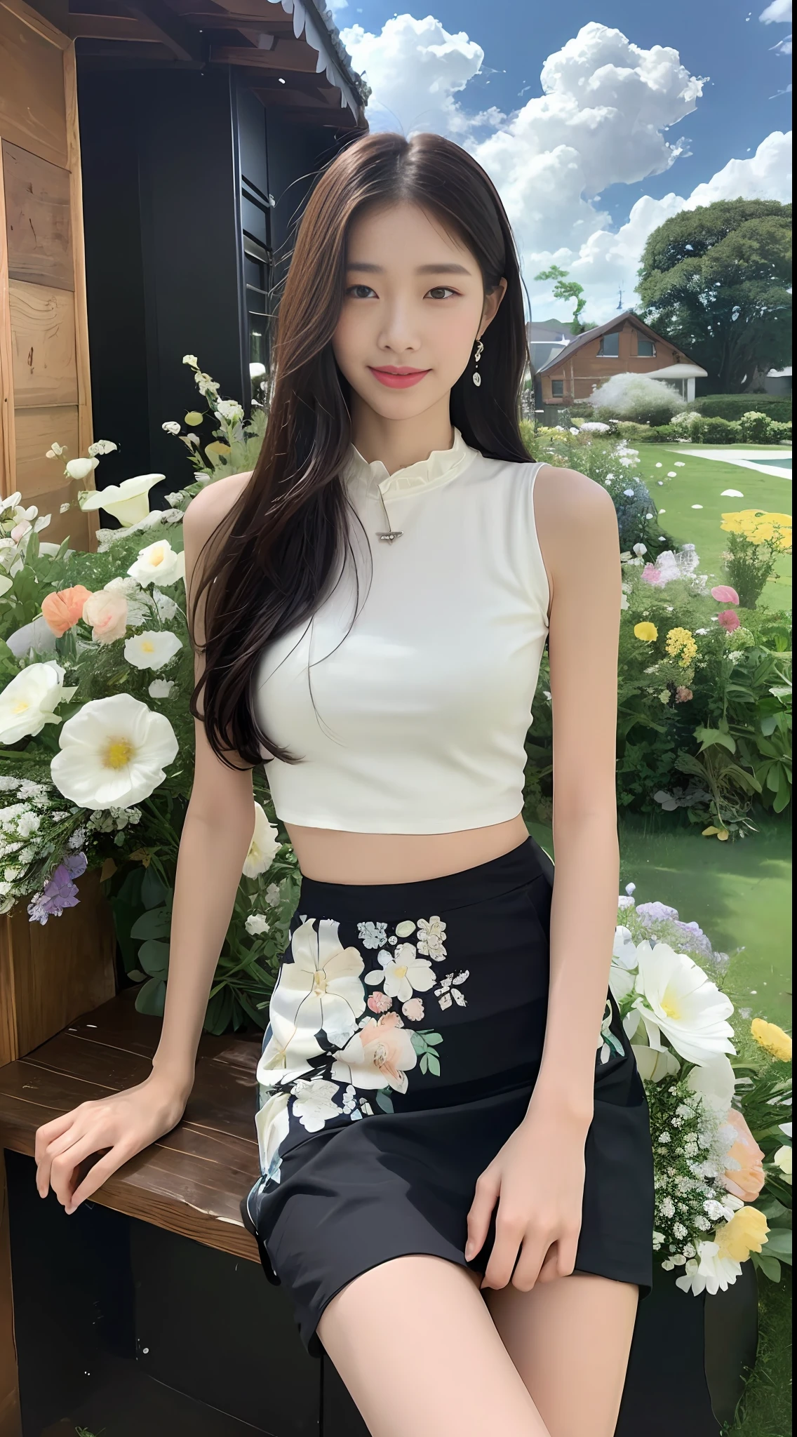 ((Best Quality, 8K, Masterpiece: 1.3)), Focus: 1.2, High School Girl, Motorcycle Pilot, Perfect S-Shaped Body, (Firm Eyes) (Cute), Delicate Face, Long Hair Waist Length, Long Hair Flowing, Head Tilted, Smile, Hair Details, Delicate Full Body Portrayal, Delicate Face Portrayal, Best Image Quality, High Resolution, Detailed Background, Delicate Characterization, Delicate Details, Rich Details, Face Enhancement, (Black Short Top, Floral Midi Skirt), Blue Sky and White Clouds, Sitting Among the Flowers, Wooden House, There are no bags under the eyes