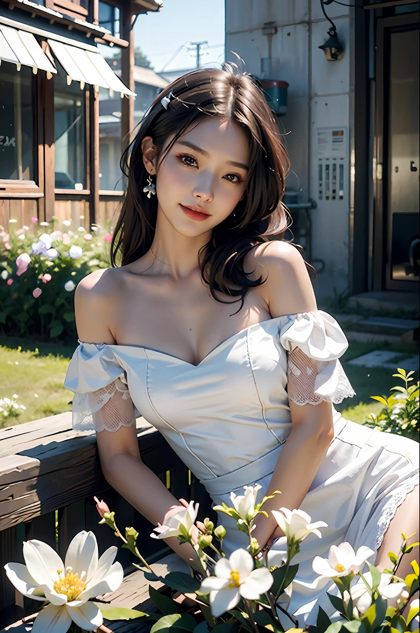 Steam cyberpunk style, best quality, masterpiece, super high resolution, (realism: 1.4), original photo, 1girl, white dress, off-the-shoulder, blooming flower field, glowing skin, light smile
