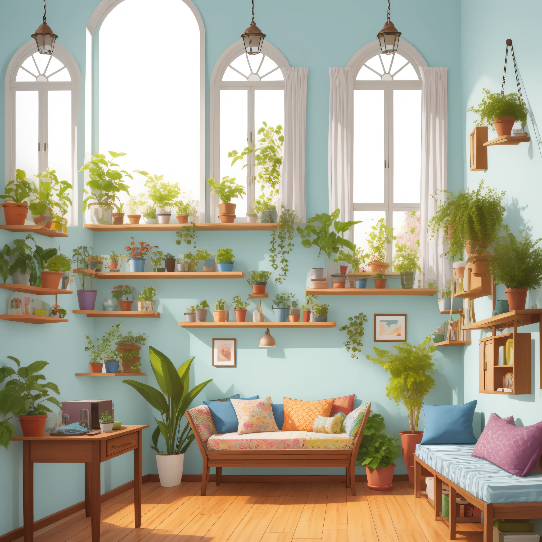 Family room colorful, with windows, plants, bed, view, pillow, interior, potted plants, table, building, flower pot, bedroom, day
Empty, wooden floor, chair, clock, sofa, lamp, flat illustration