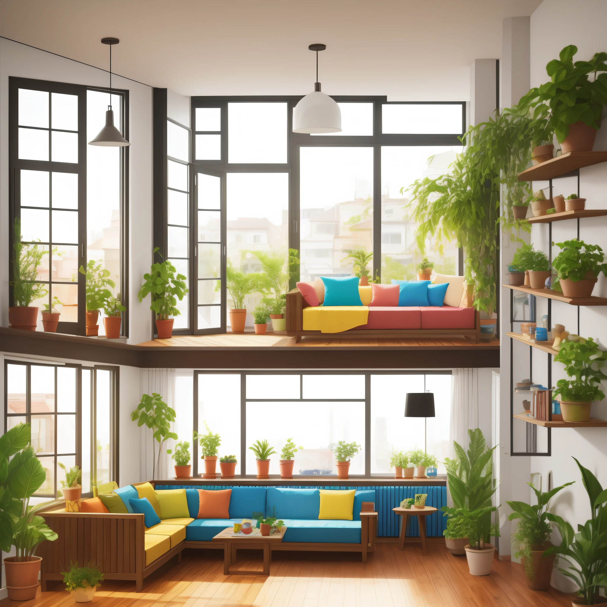 Family room colorful, with windows, plants, bed, view, pillow, interior, potted plants, table, building, flower pot, bedroom, day
Empty, wooden floor, chair, clock, sofa, lamp, flat illustration