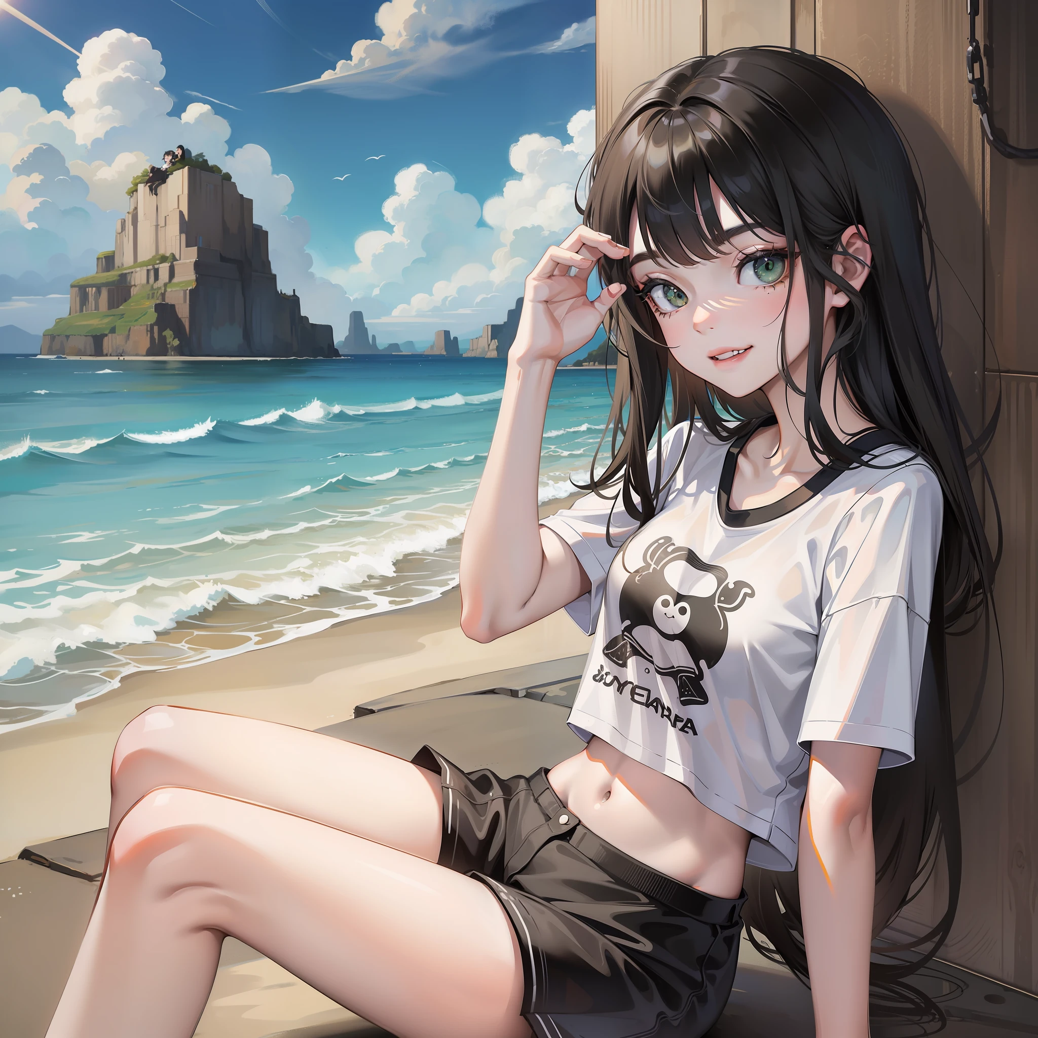 1lolita, young, immature, young, cute, black hair, seaside, face focused, dark green eyes, t-shirt, toothless smile