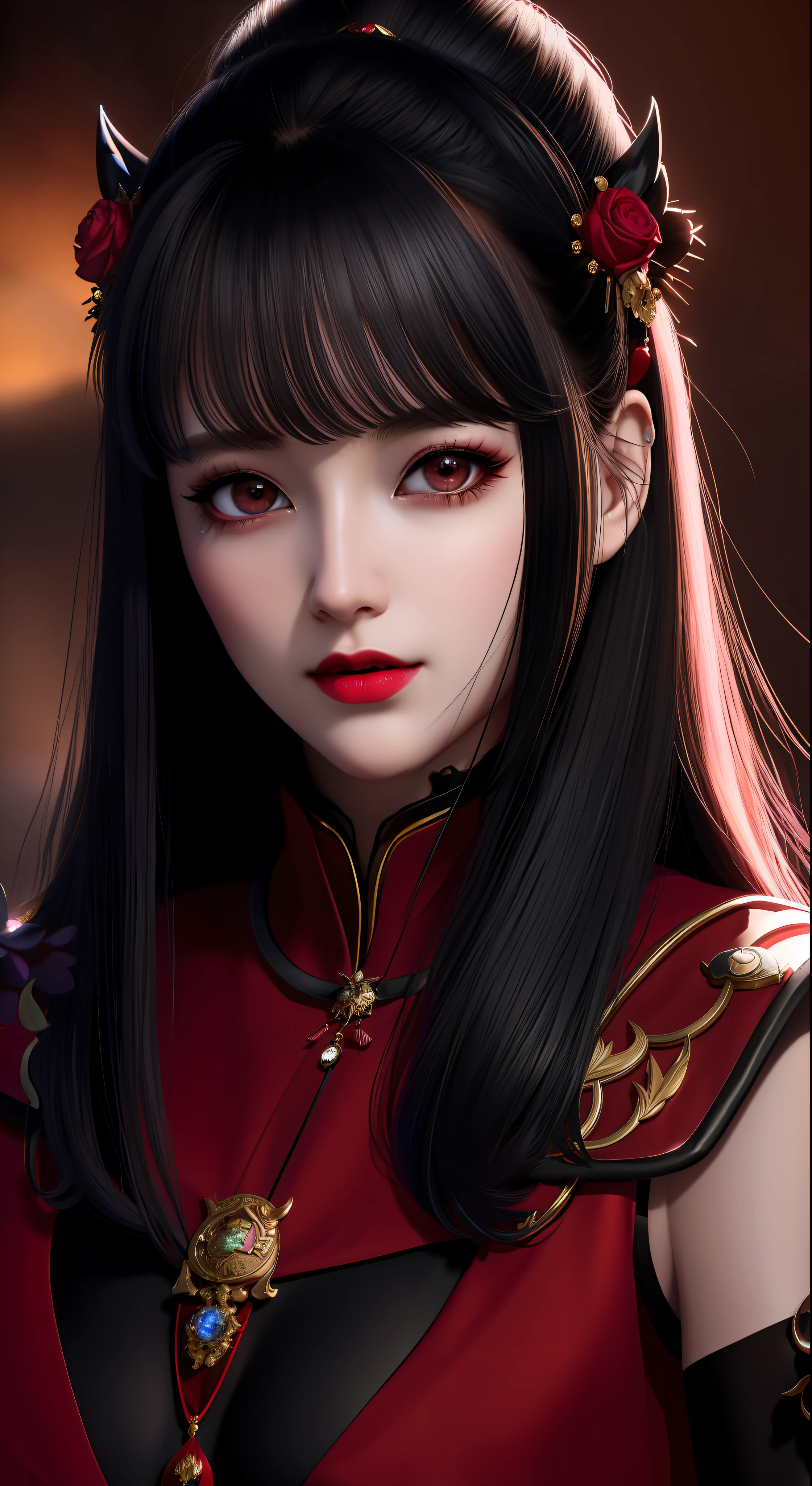 Best quality, masterpiece, highres, 1girl, hanfu, chinese underwear, hair ornaments, necklace, jewelry, crown jewelry. Pretty face, upper body, magic import style, tyndall effect, photorealistic, dark studio, border light, two tone light, (high detail skin: 1.2), 8k uhd, dslr, soft light, high quality, volumetric light, candid, Photo, high resolution, 4k, 8k, Bokeh, (light pink lips), 1 beautiful demon from hell, In the Dark: 1.6), surreal female portraits by David Hockney and Alphonse Mucha, fantasy art, photorealism, dynamic lighting, station art, posters, volumetric lighting, highly detailed faces, super 8k, Awarded, in the dark, deep shadow, low light, cowboy lens, (Red phoenix dress: 1.4), long hair, black hair, bust, palace luxury, Royal style, crown devil, red eyes with very sharp and detailed makeup, Best face, Very big and round and round breasts, Surreal, chinese women's clothes, turtleneck polo shirt, charming smile, Beautiful eyes makeup, guweiz, devil style, black mesh stockings, ponytail with a bow at the back, dark red lips, Devil tattoo on shoulder, wearing a thin red and black shirt , cape, overcast and thundering landscape, (Portrait), Protagonist Close-up, (Background detail 1.8),