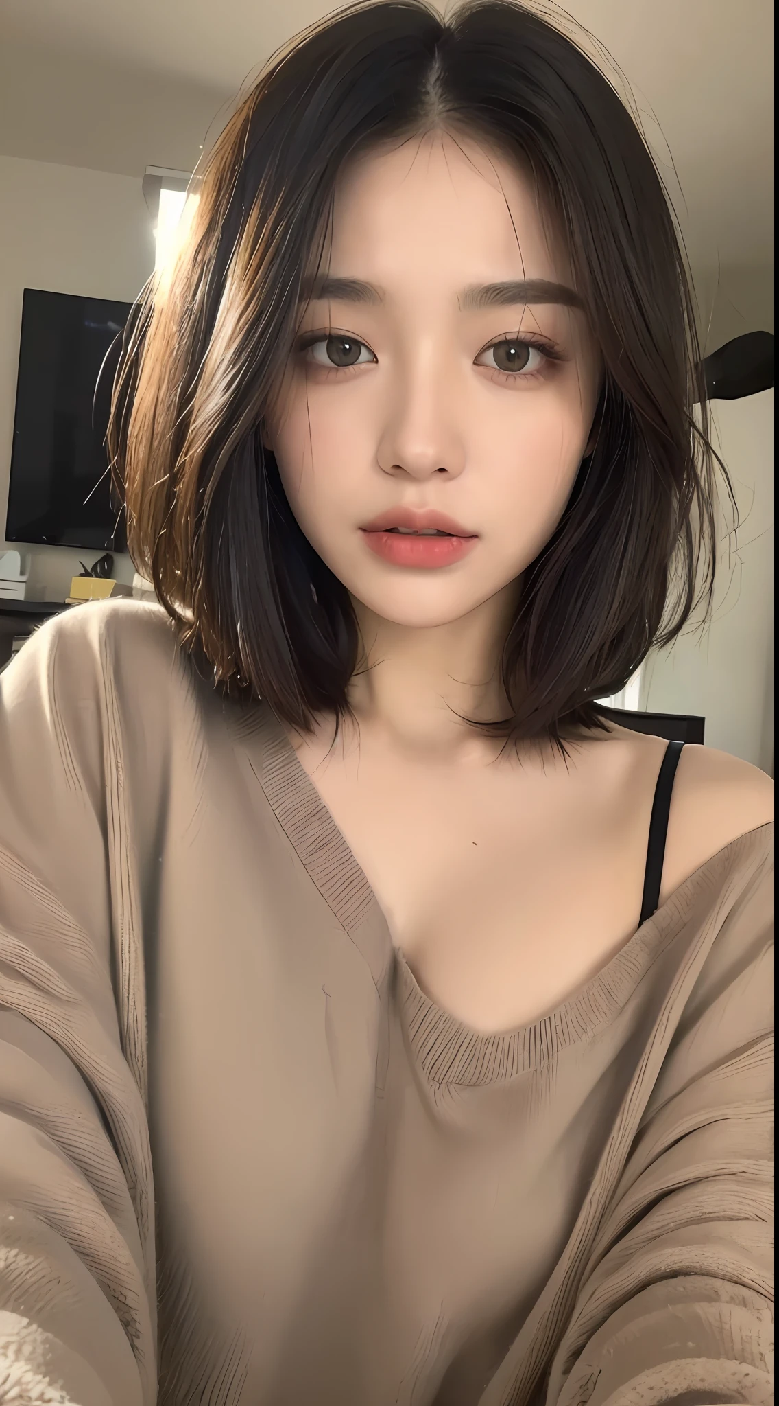 ((Best Quality, 8k, Masterpiece:1.3)), Focus:1.2, Perfect Body Beauty:1.4, Buttocks:1.2, ((Layered Haircut:1)), (Morning,Home:1.3), Black fur Sweater: 1.1, Highly Detailed Face and Skin Texture, Fine Eyes, Double Eyelids, Whitened Skin, Long Hair, (Shut Up: 1.1) ,