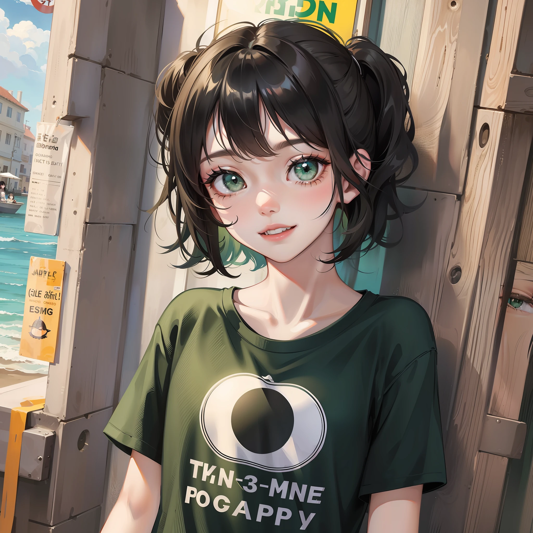 1lolita, young, immature, young, cute, black hair, seaside, face focused, dark green eyes, t-shirt, toothless smile