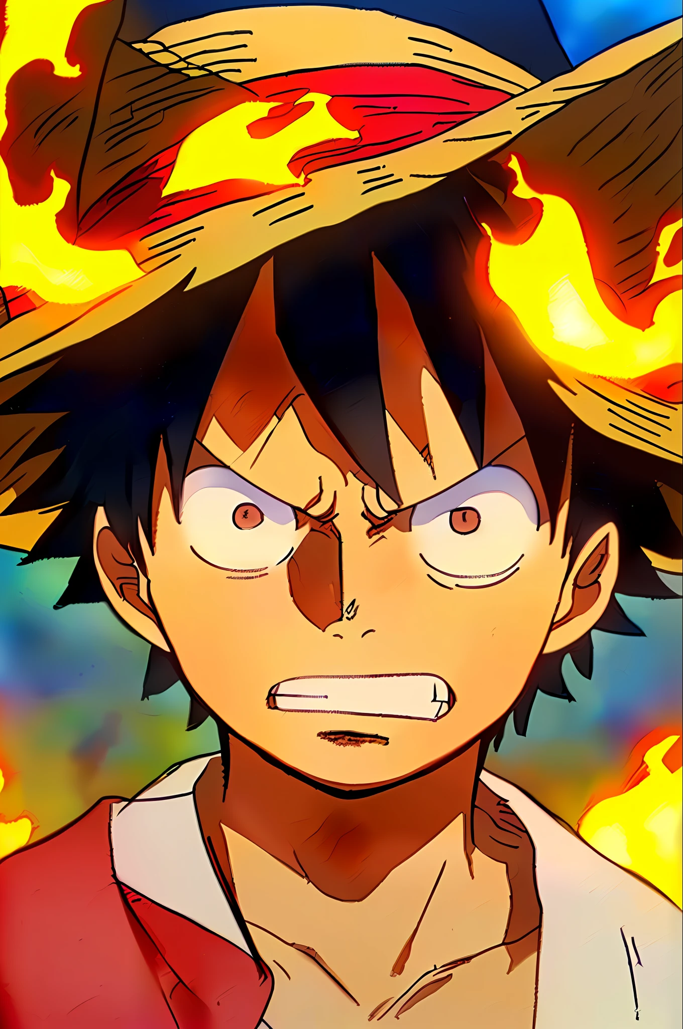 1boy, wanostyle, monkey d luffy, angry looking, straw hat, looking at viewer, solo, upper body, (((masterpiece))), ((best quality)), (extremely detailed), watercolor, illustration, depth of field, sketch, dark intense shadows, sharp focus, soft lighting, hdr, colorful, good composition, fire all around, spectacular, closed shirt, anime screencap