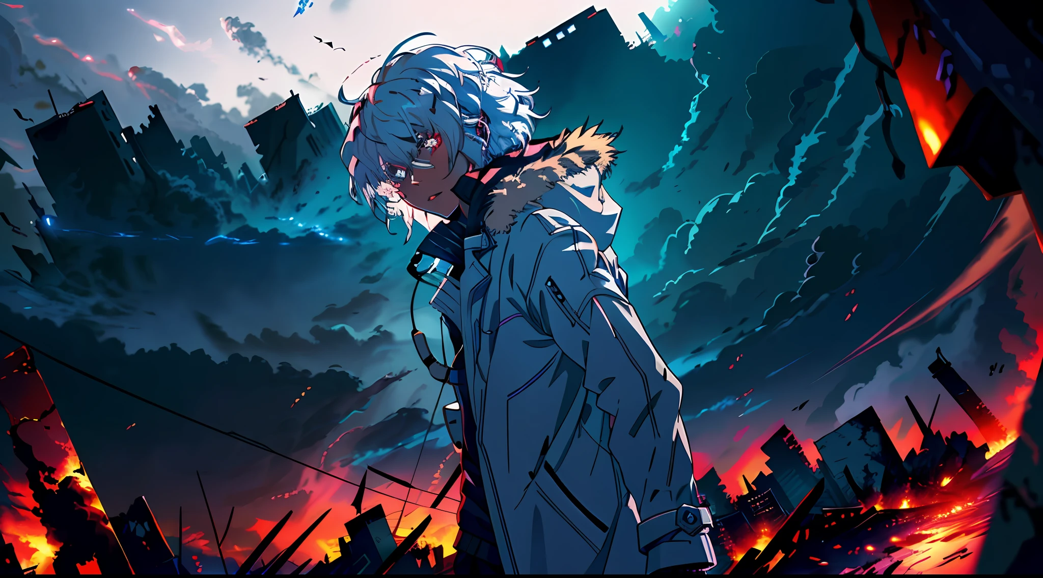 Anime humanoid monster, character design,wearing a trenchcoat,dark, serious face,boy,messy unkept hair,hair covering right eye, vibrant eye color,red and blue eyes,(white hair), close up shot, creating a crack in reality, powerful aura, destroyed city, very dark,night,8k,64k, HD, unparalleled masterpiece, dynamic lighting, cinematic, epic Highest quality digital art, Stunning art, wallpaper 4k, ultra hyper detailed, highest resolution