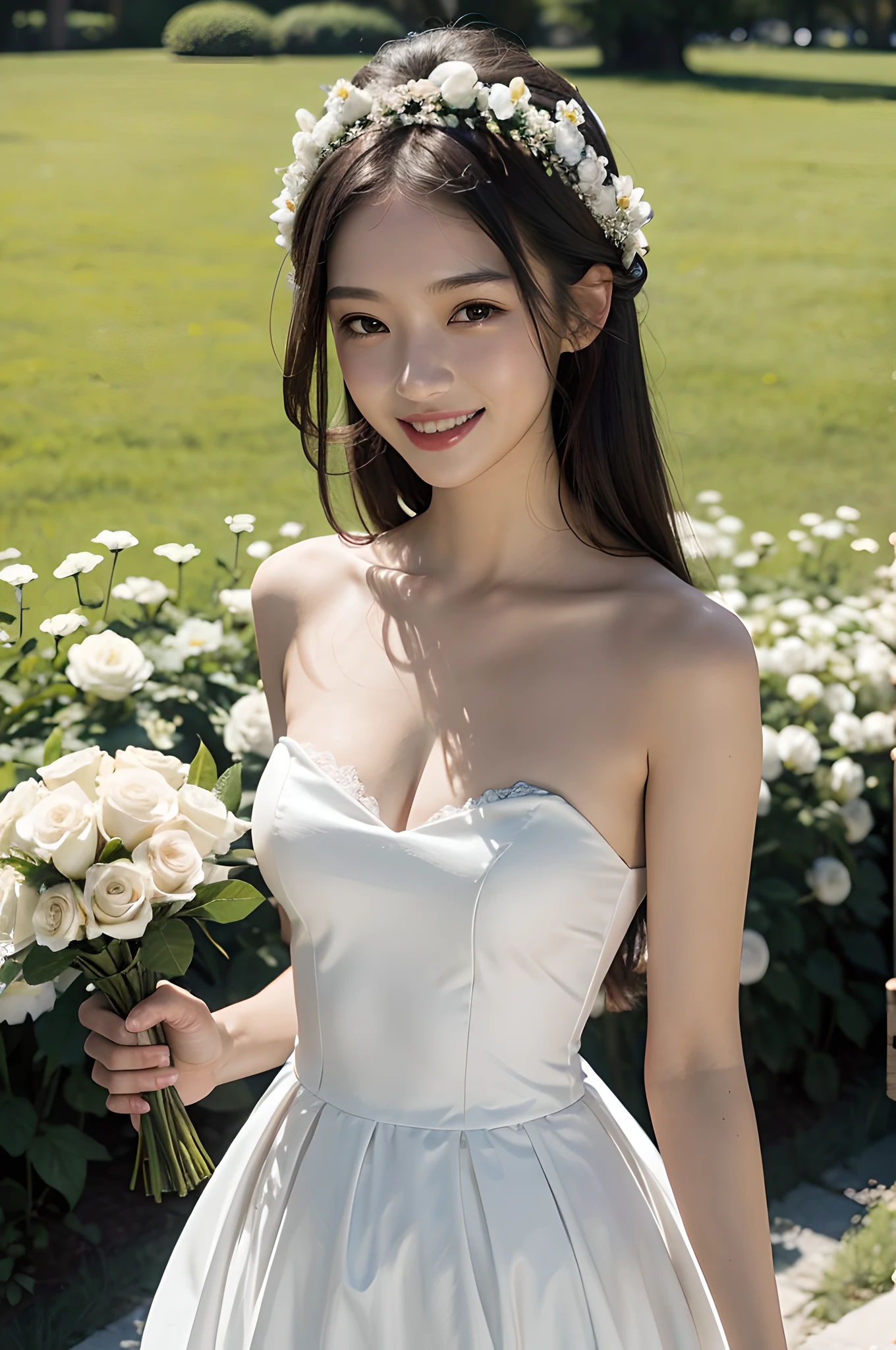 1girl, white wedding dress, bare shoulders, blooming flower field, light smile