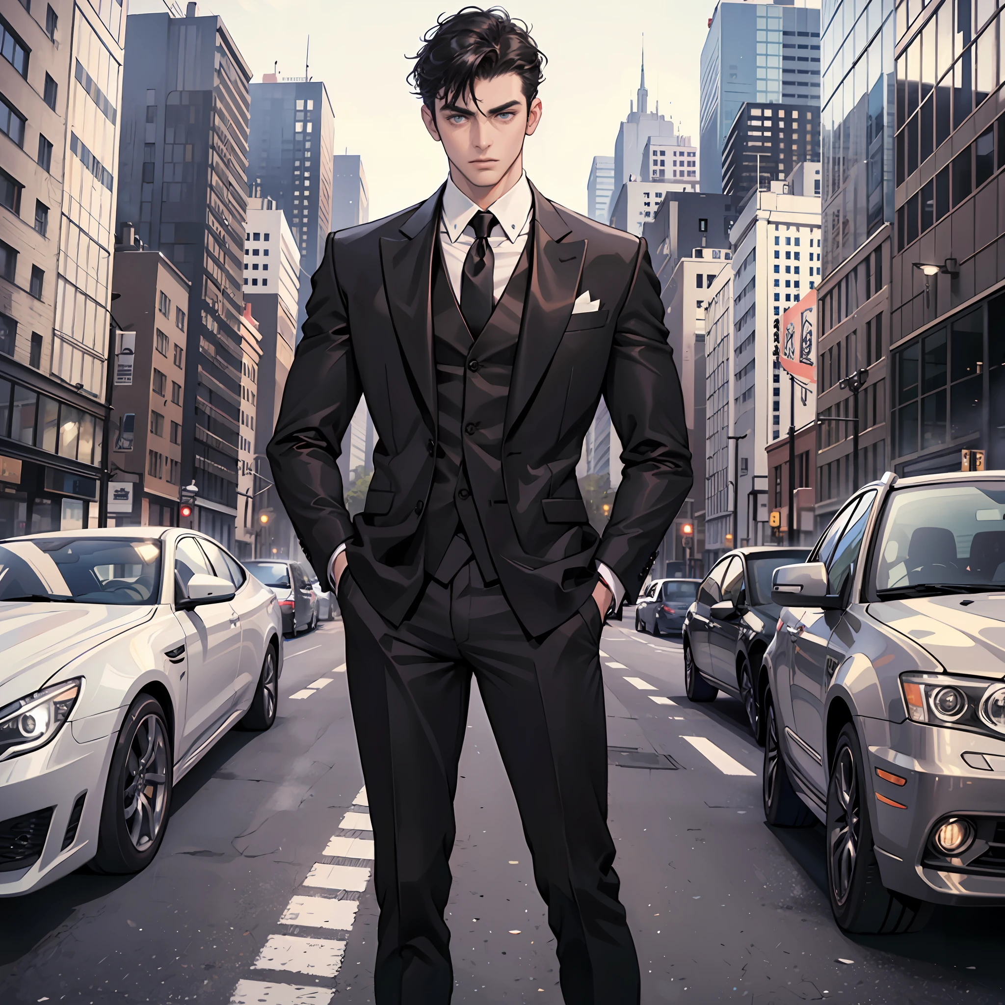 Masterpiece, Excellent, (City: 1.5), CG drawing with super high detail, handsome, cold face, expressionless,
(a man with short black hair, white shirt, black tie, black pants, leather shoes, a little scum: 1.8),
High-rise buildings, luxury cars, luxury, standing, crowd, busy, facing audience, illustration, wide angle