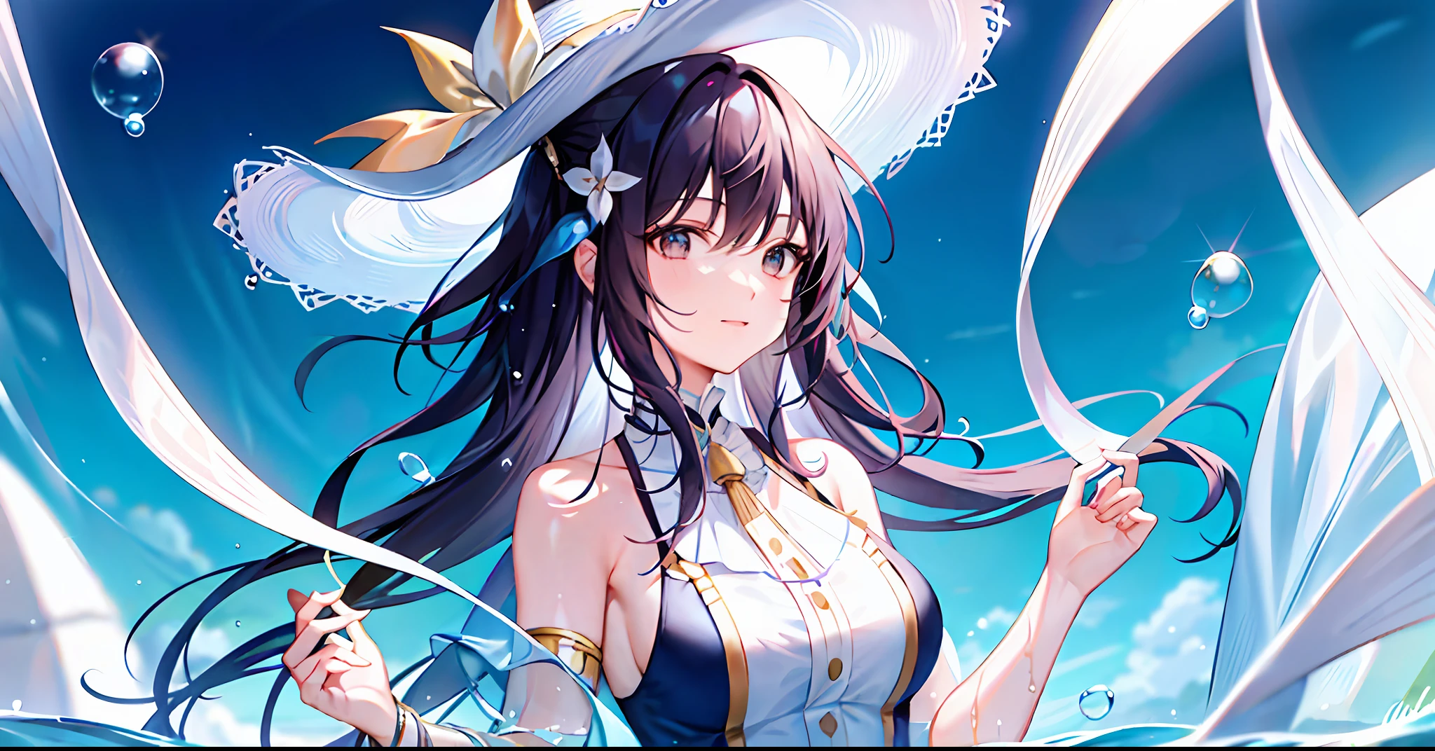 A woman swims in the water with bubbles and ribbons around her neck that looks like she is from another world