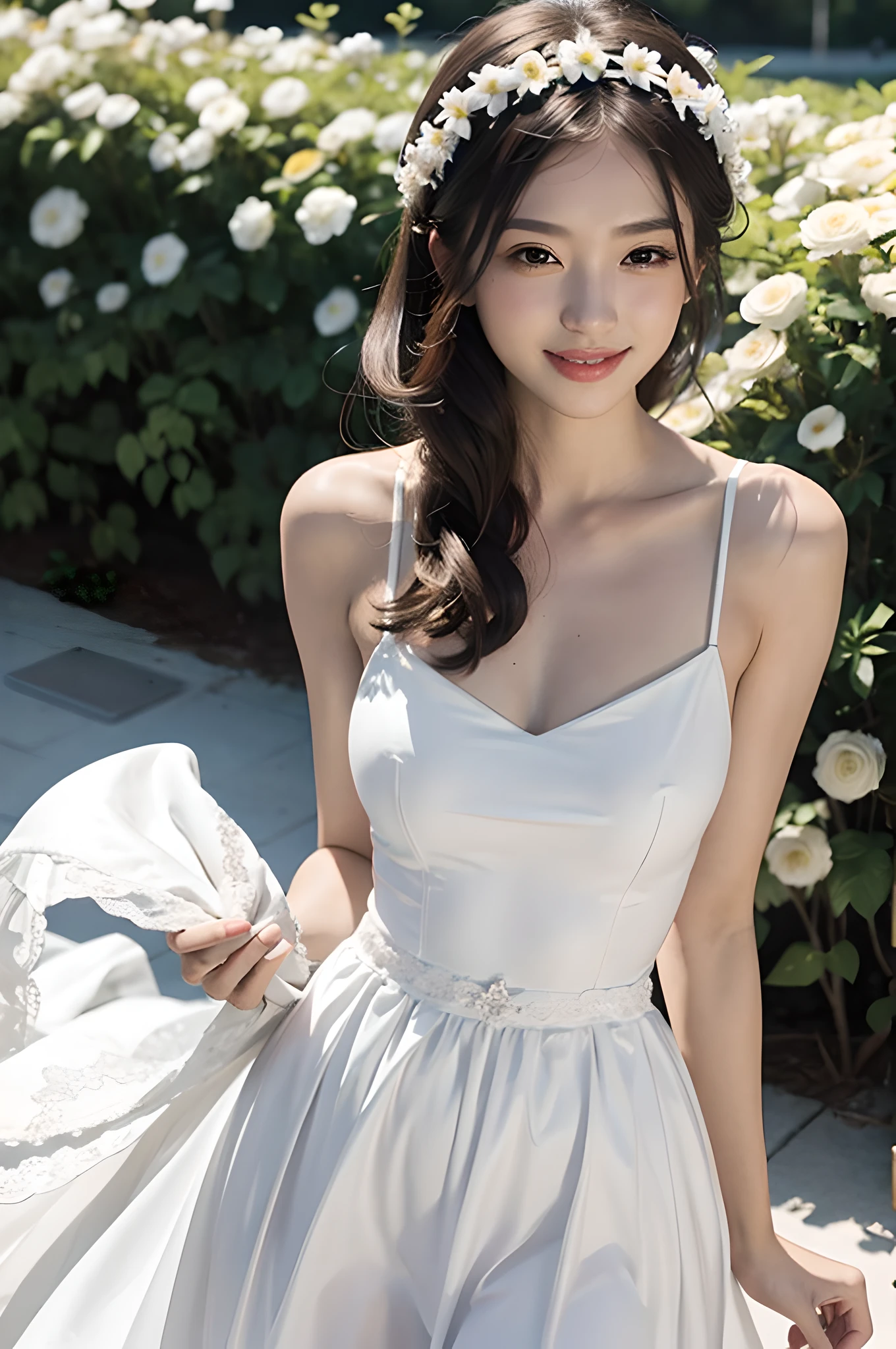 1girl, white wedding dress, bare shoulders, blooming flower field, light smile