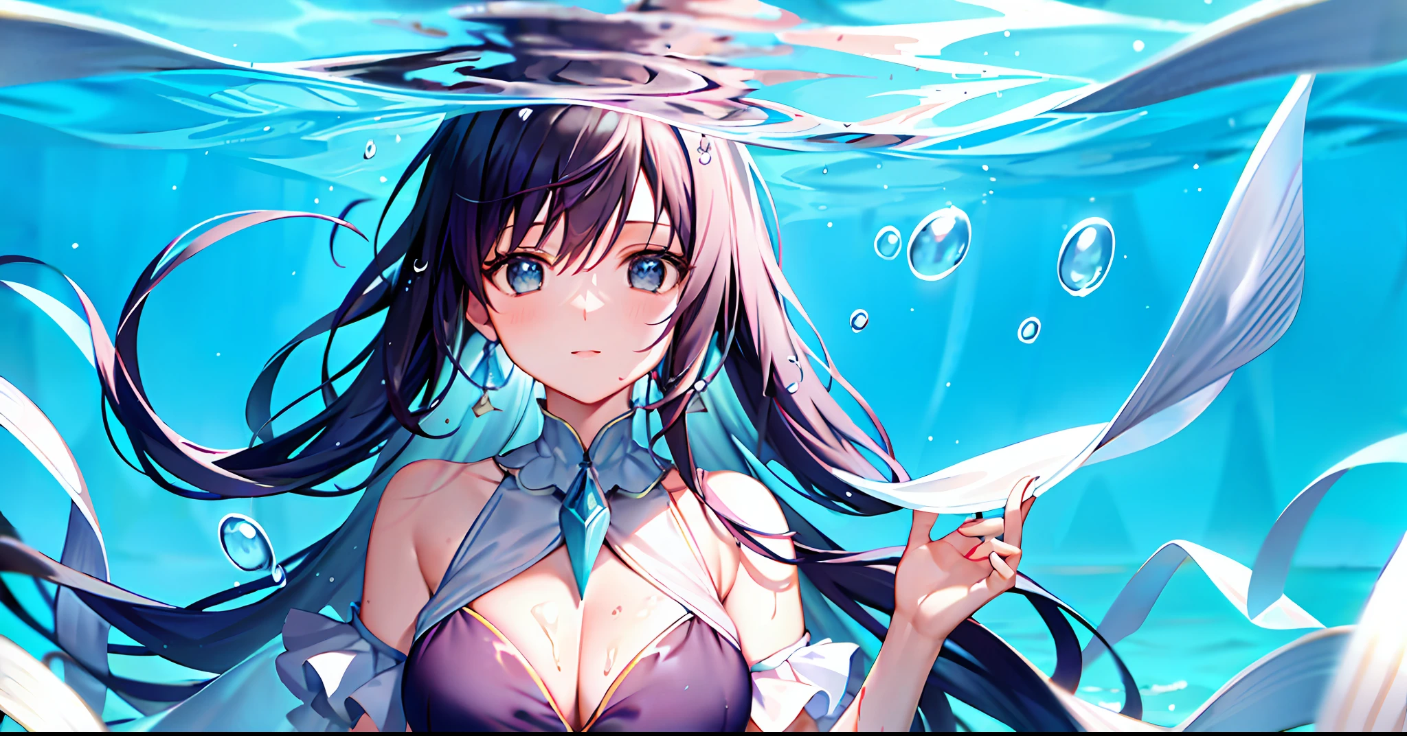 A woman swims in the water with bubbles and ribbons around her neck that looks like she is from another world