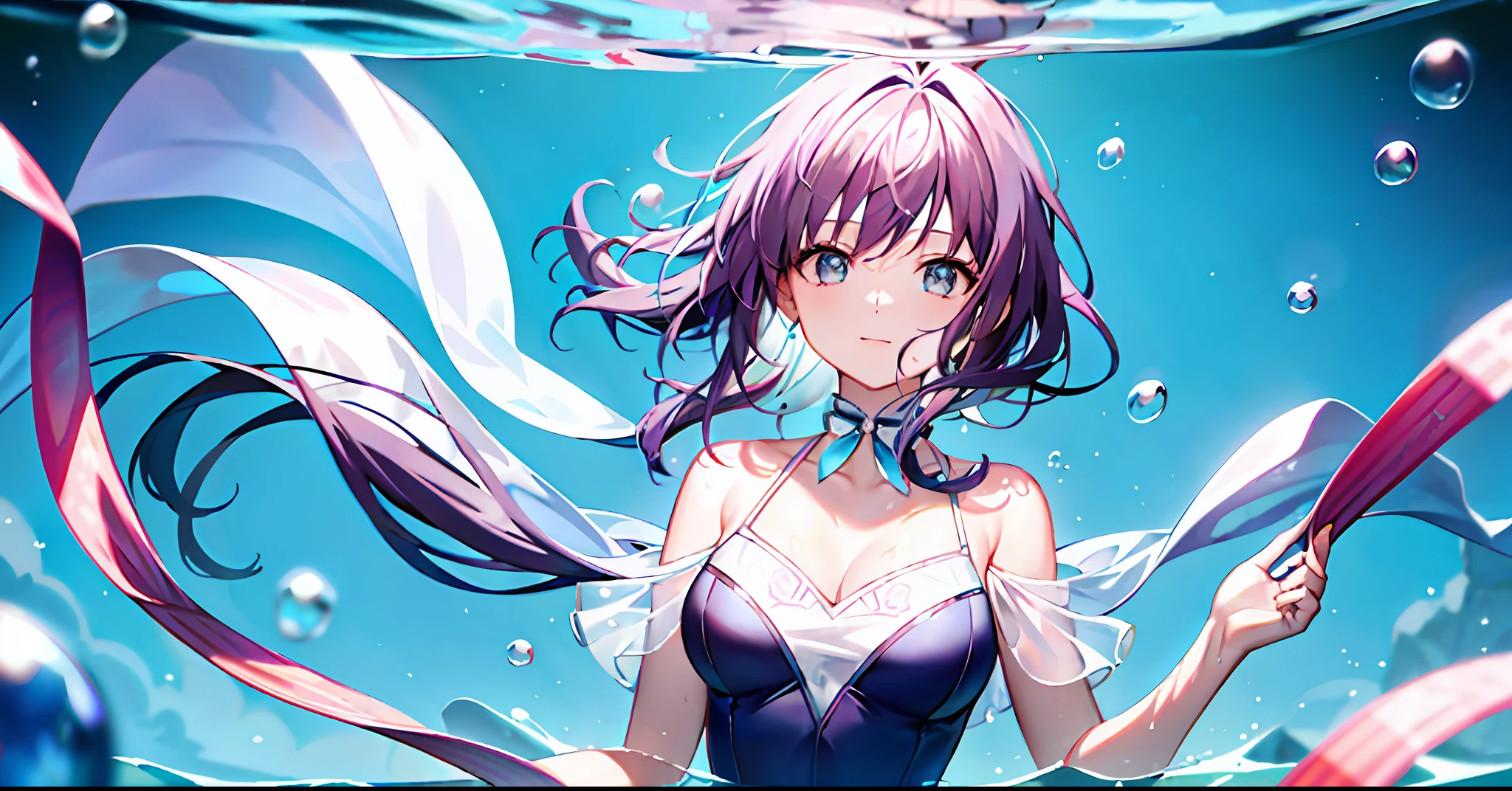 A woman swims in the water with bubbles and ribbons around her neck that looks like she is from another world