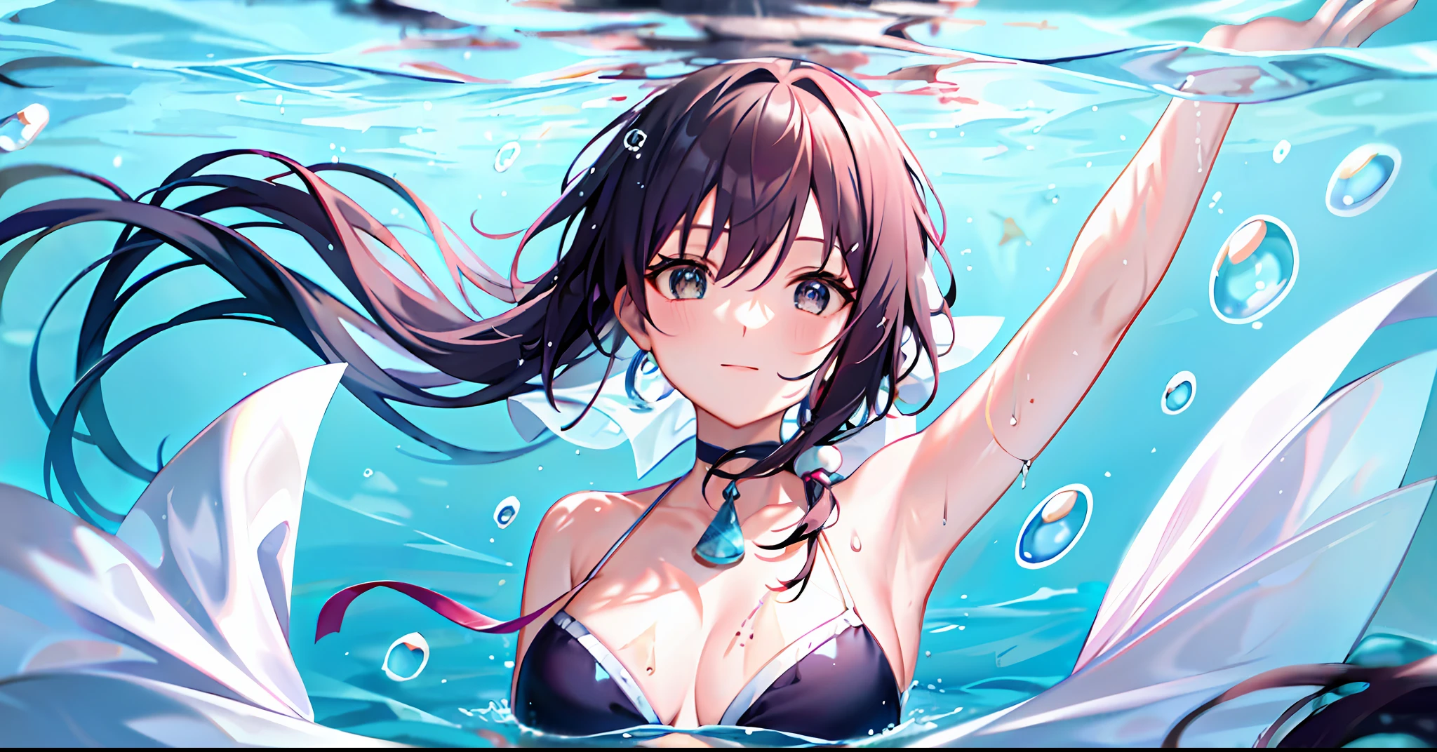 A woman swims in the water with bubbles and ribbons around her neck that looks like she is from another world