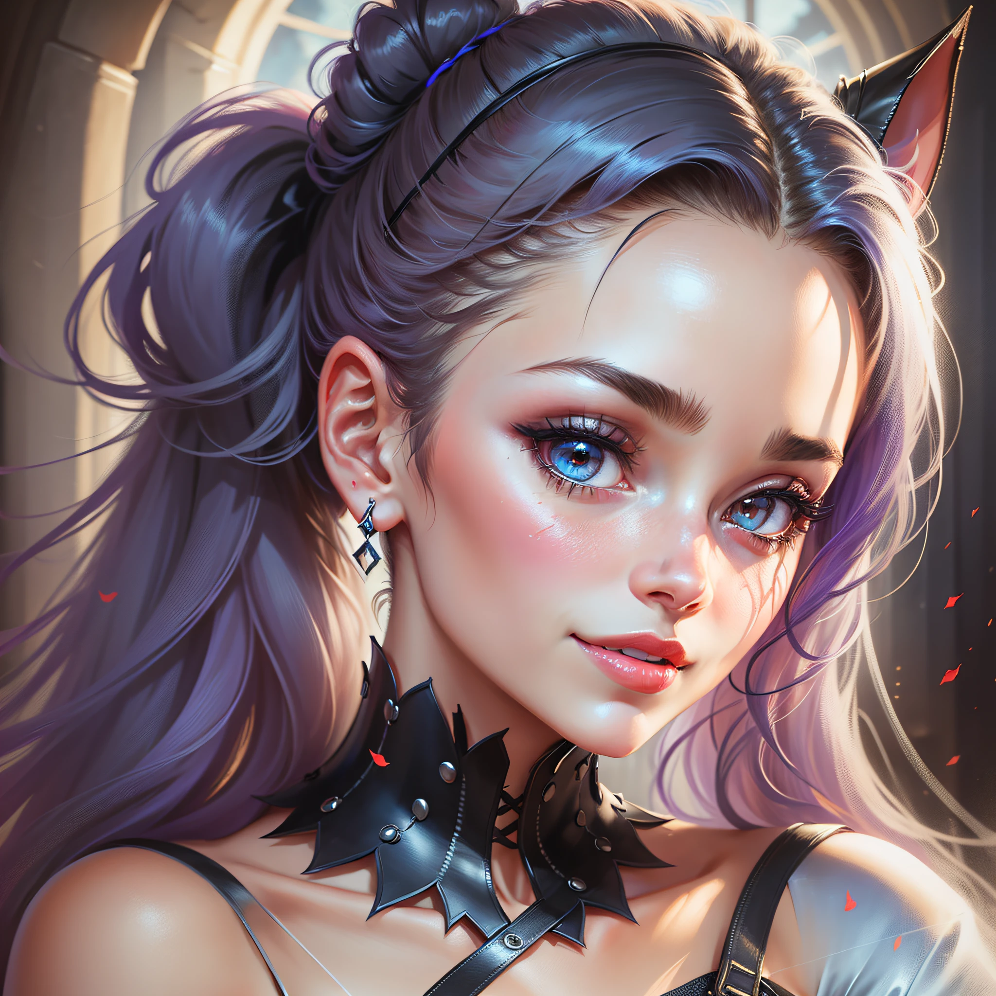 ((hair bunched up on head)), (front focus), female hyperrealist portrait, fantasy art, photorealistic photography, dynamic lighting, volumetric lighting, highly detailed face, ((hair bunched up on head)), 8k, award-winning, 1girl, pale, white skin, glowing skin, detailed skin, ((blue corset dress)), (red eyes), red lips, bunched hair, dark, deep shadows, low key, close-up, bat ears, eye reflection, shining eyes, evil smile, jewelry, impressionism, masterpiece, {{{masterpiece, best quality, illustration,game_cg}}}}, (hair bunched up on head), sexy, tongue sticking out tele --auto --s2
